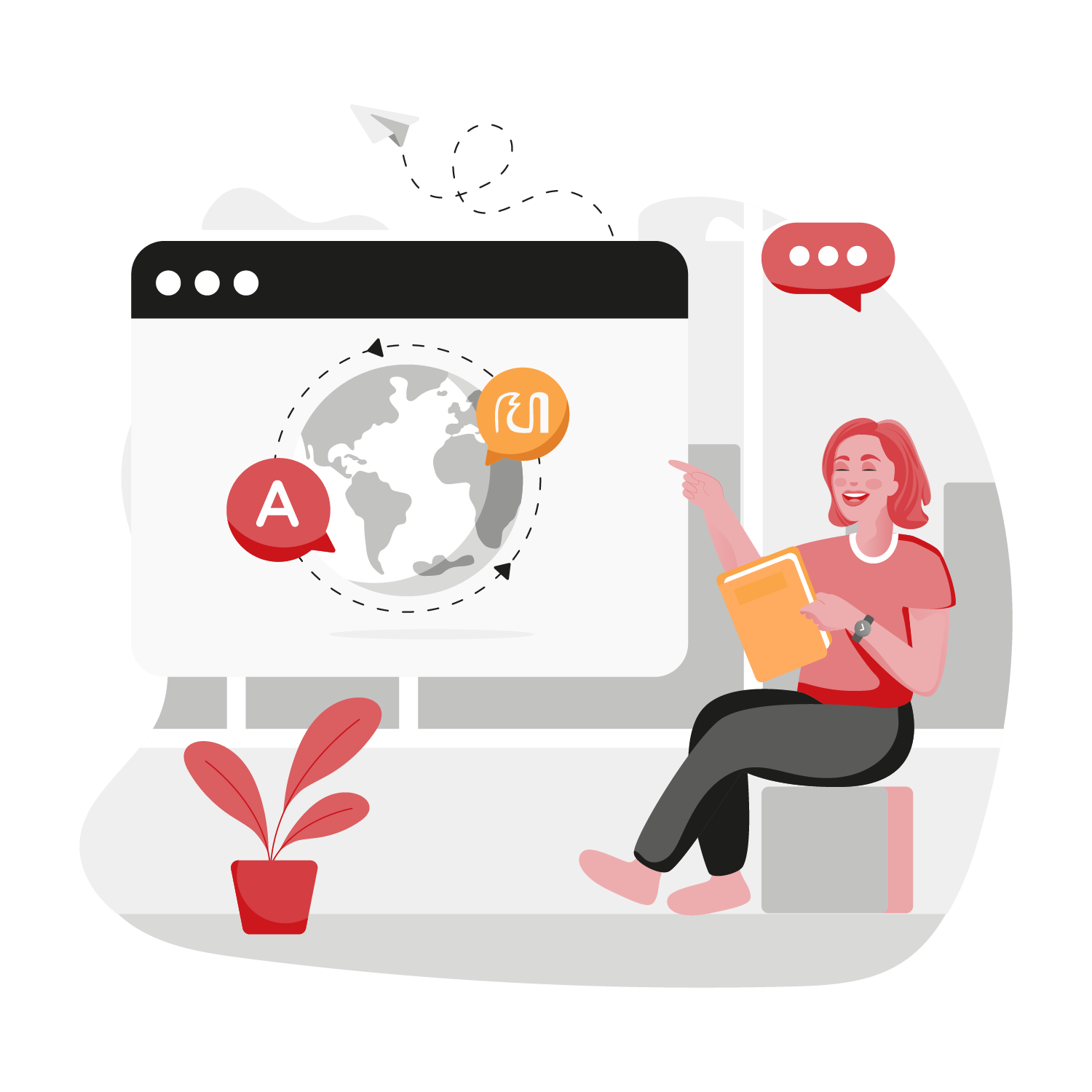 Trainer pointing at globe and Javanese speech bubble for end-to-end Javanese language solutions.
