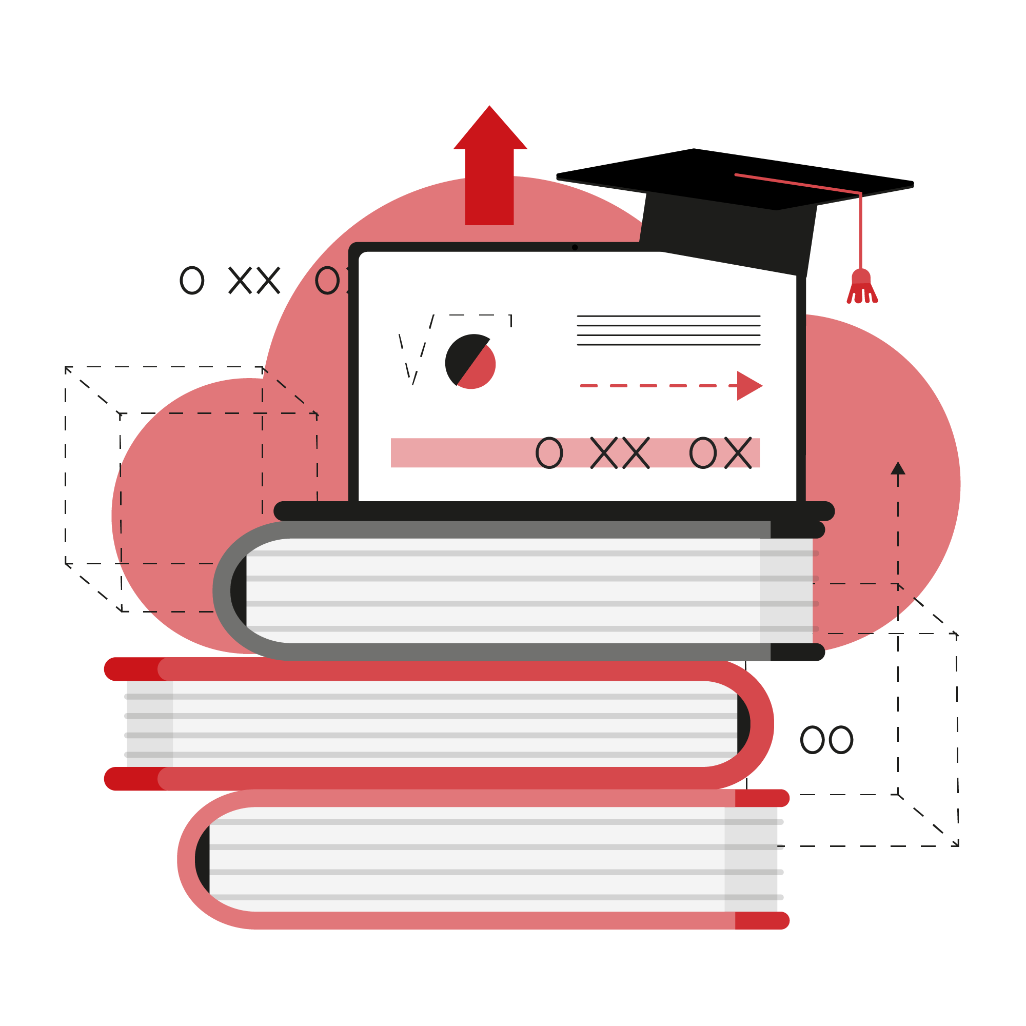 eLearning Development Services throe Laptop atop stacked books with graduation cap and an upward arrow—scalable eLearning development.