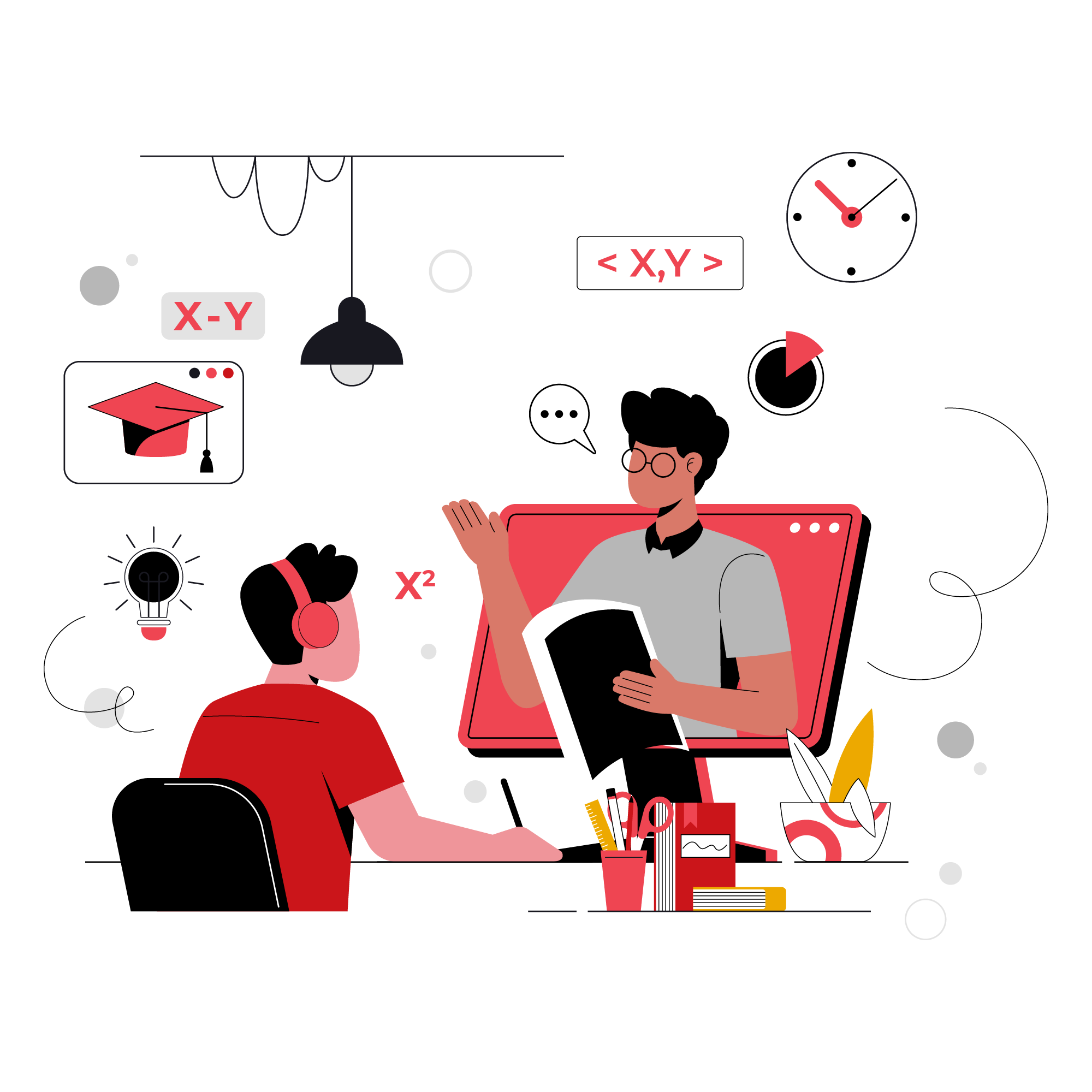 Tutor on screen teaching student at desk with math symbols, clock, and chat—custom eLearning.