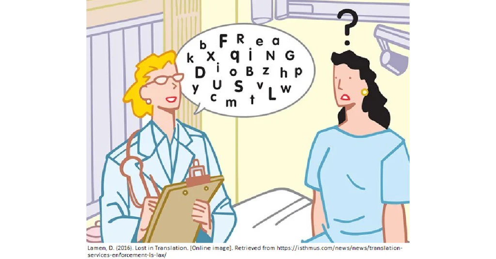Doctor speaking jargon to a confused patient, illustrating communication barriers in medical care.