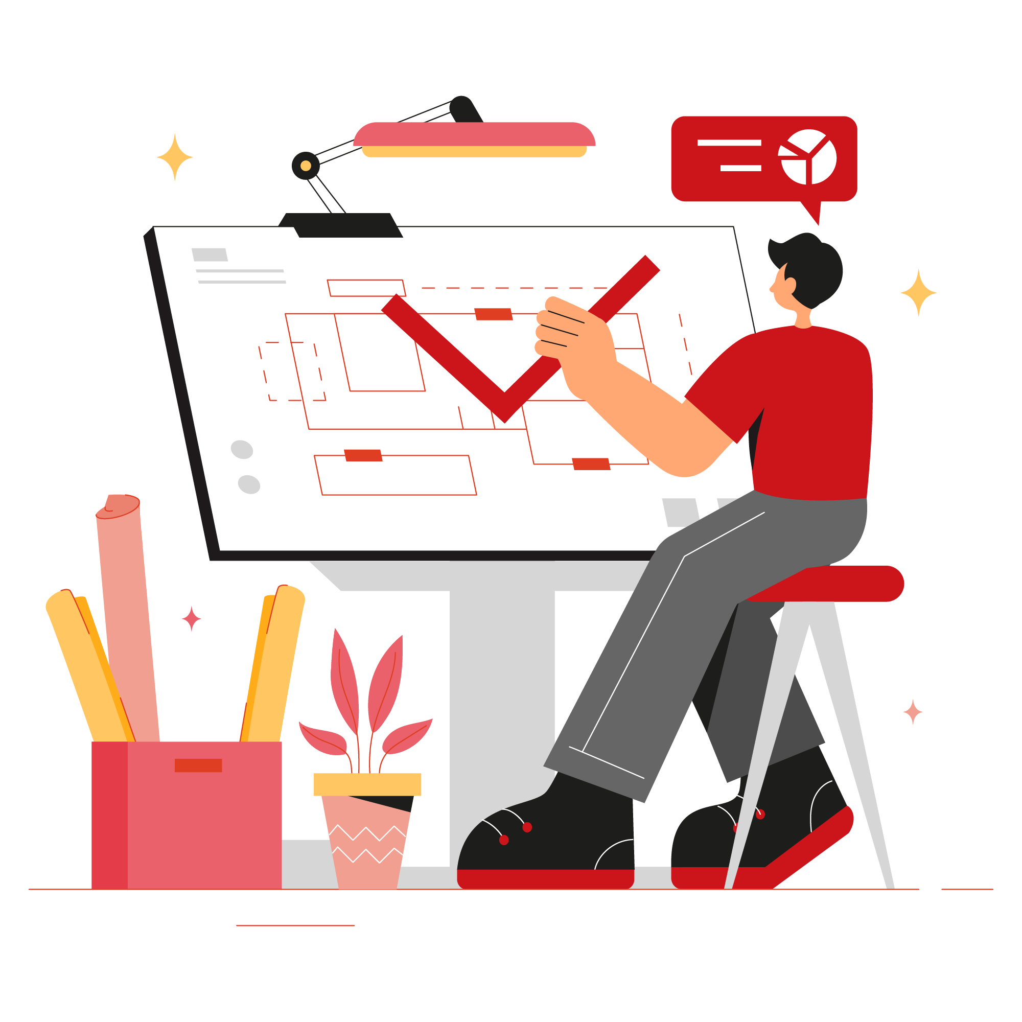 Designer marking wireframe on large board at studio desk—instructional design and UX for courses.