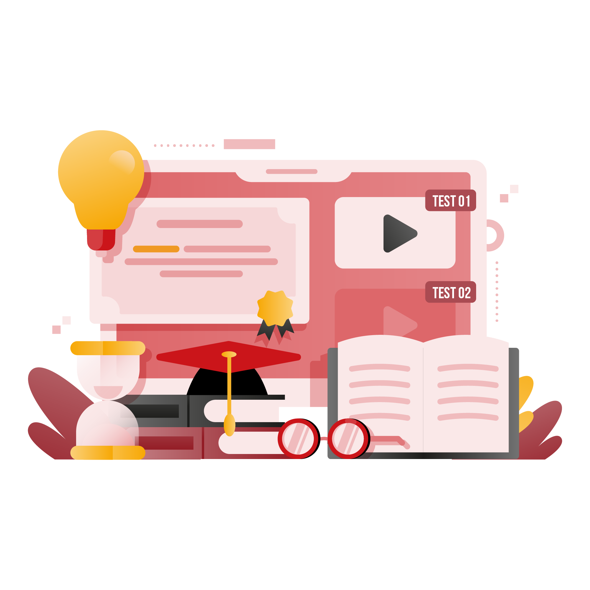 Certificate, play buttons labeled test, hourglass and books—LMS integration with standards and assessments.