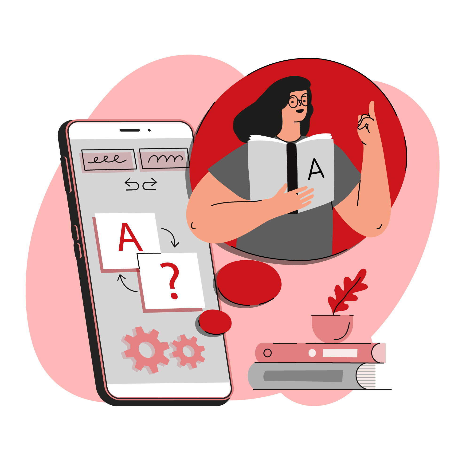 Smartphone showing translation workflow cards and gears; student reading a book—mobile learning.