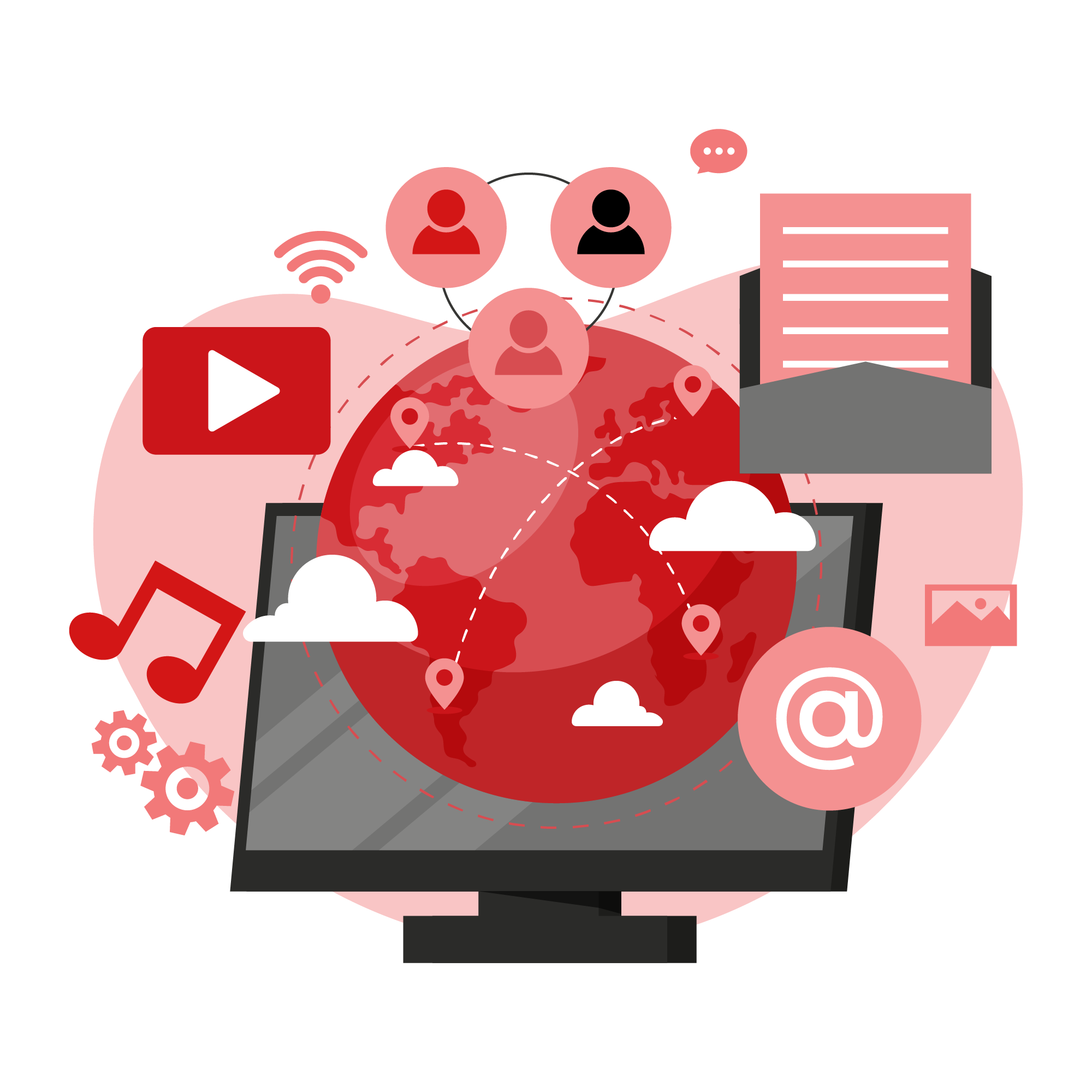 Globe on monitor with play, music, email, and user icons—multimedia content localization across regions.