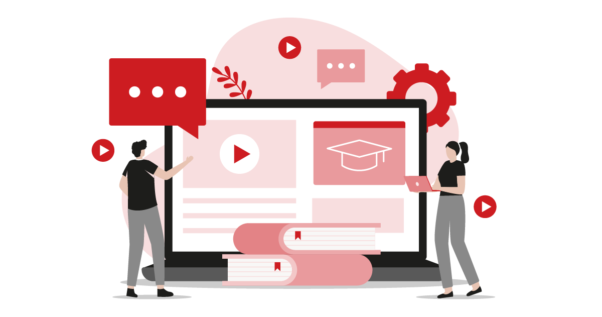 Large laptop UI with play cards, speech bubbles and books; team reviewing eLearning content for QA.