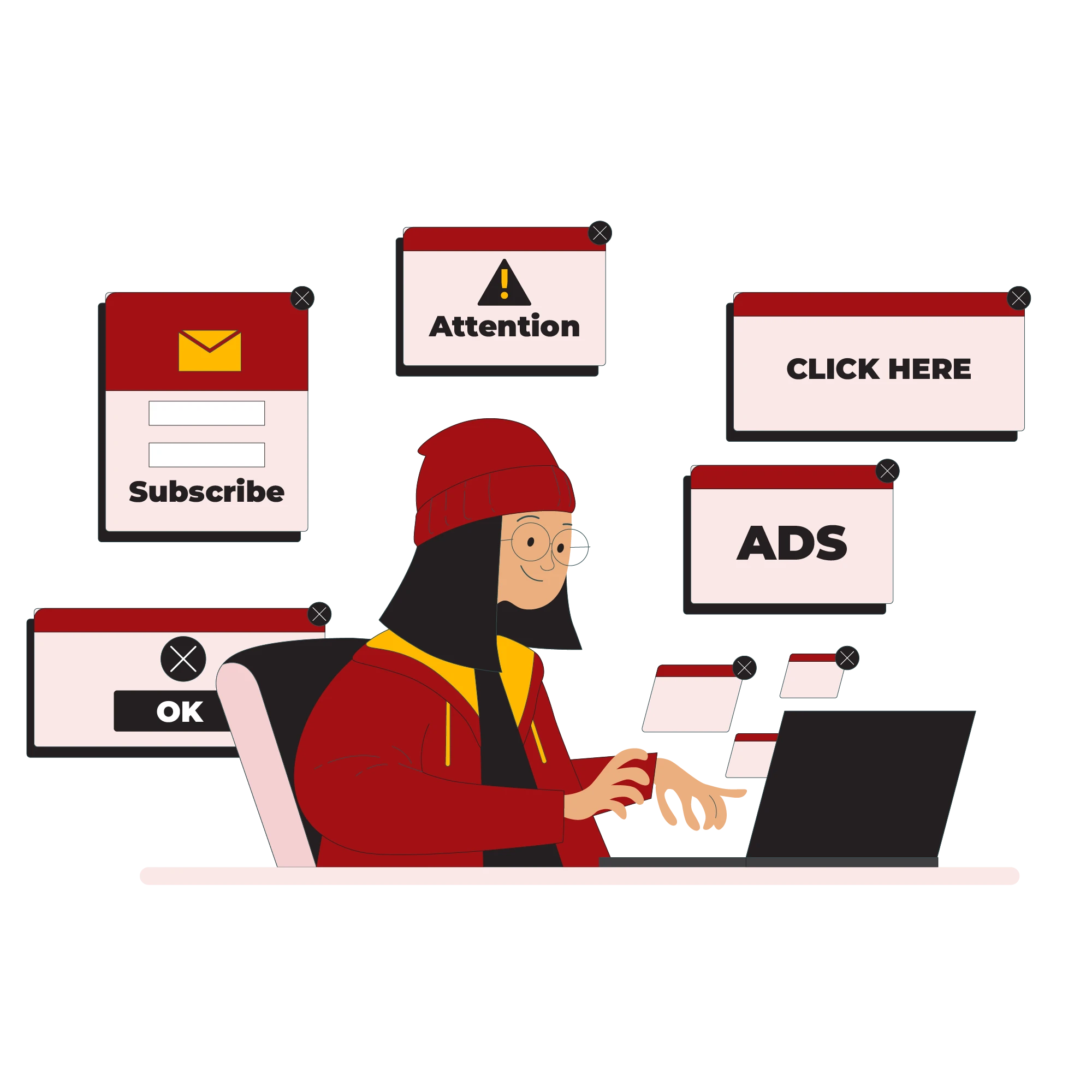 Marketer at laptop surrounded by pop-up ads—slogan transcreation and ad localization.