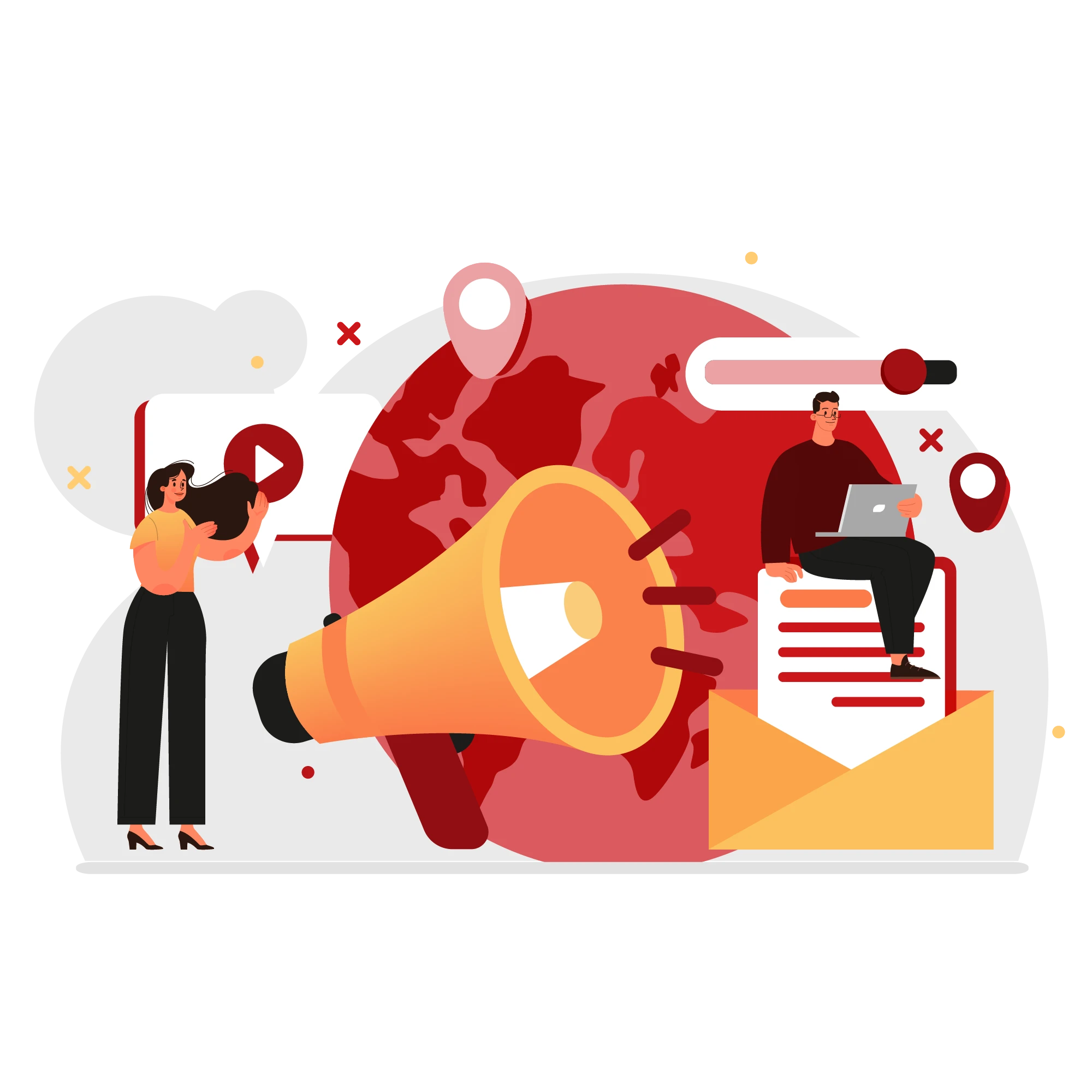 Global campaign launch with megaphone and world map—advertising copy localization and slogans.