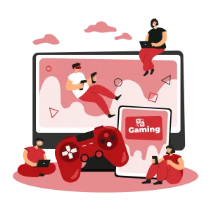 Professional Gaming Translation Services with VR and console elements—controller, headset, players, rating hearts.