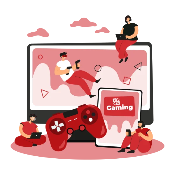 Professional Gaming Translation Services with VR and console elements—controller, headset, players, rating hearts.