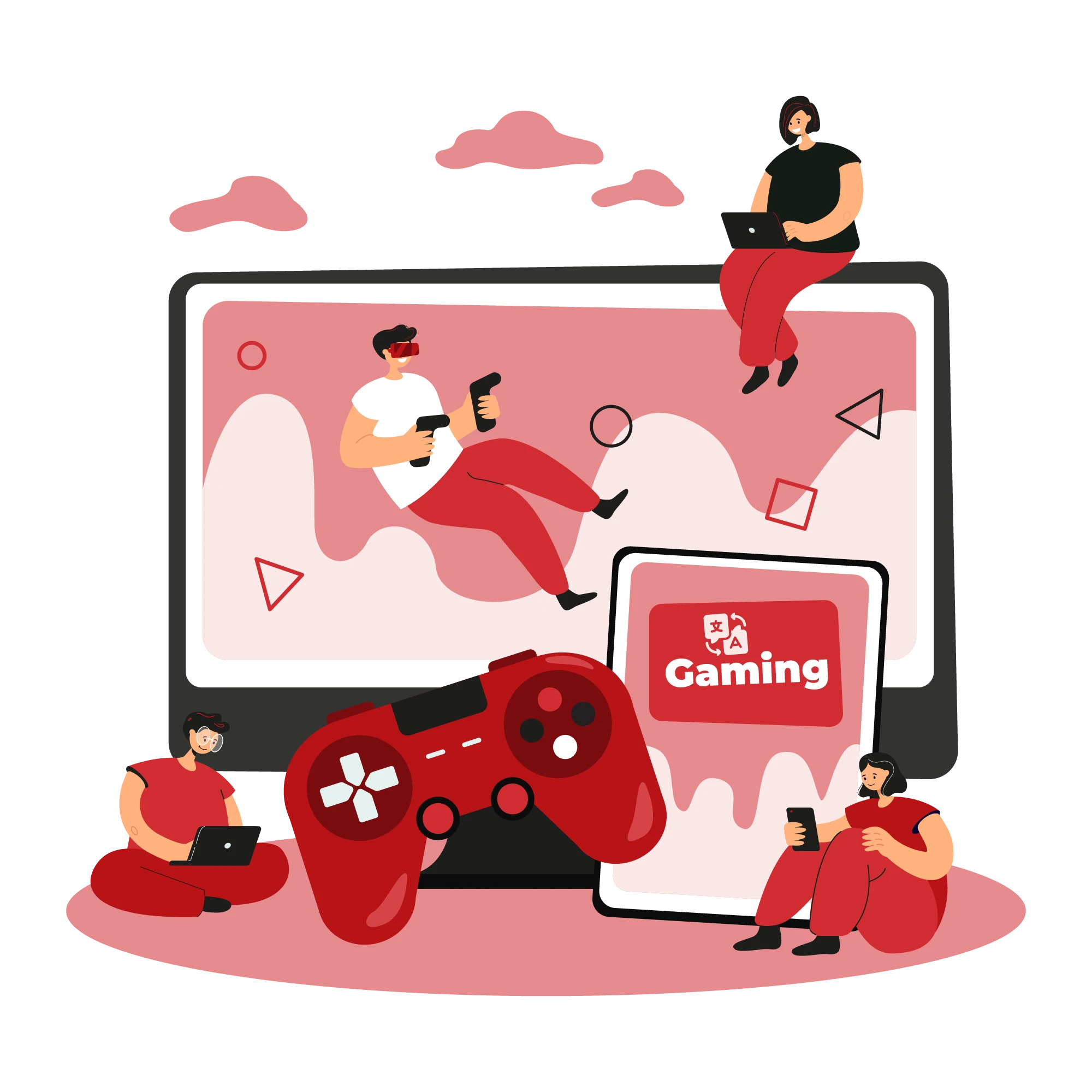 Professional Gaming Translation Services with VR and console elements—controller, headset, players, rating hearts.