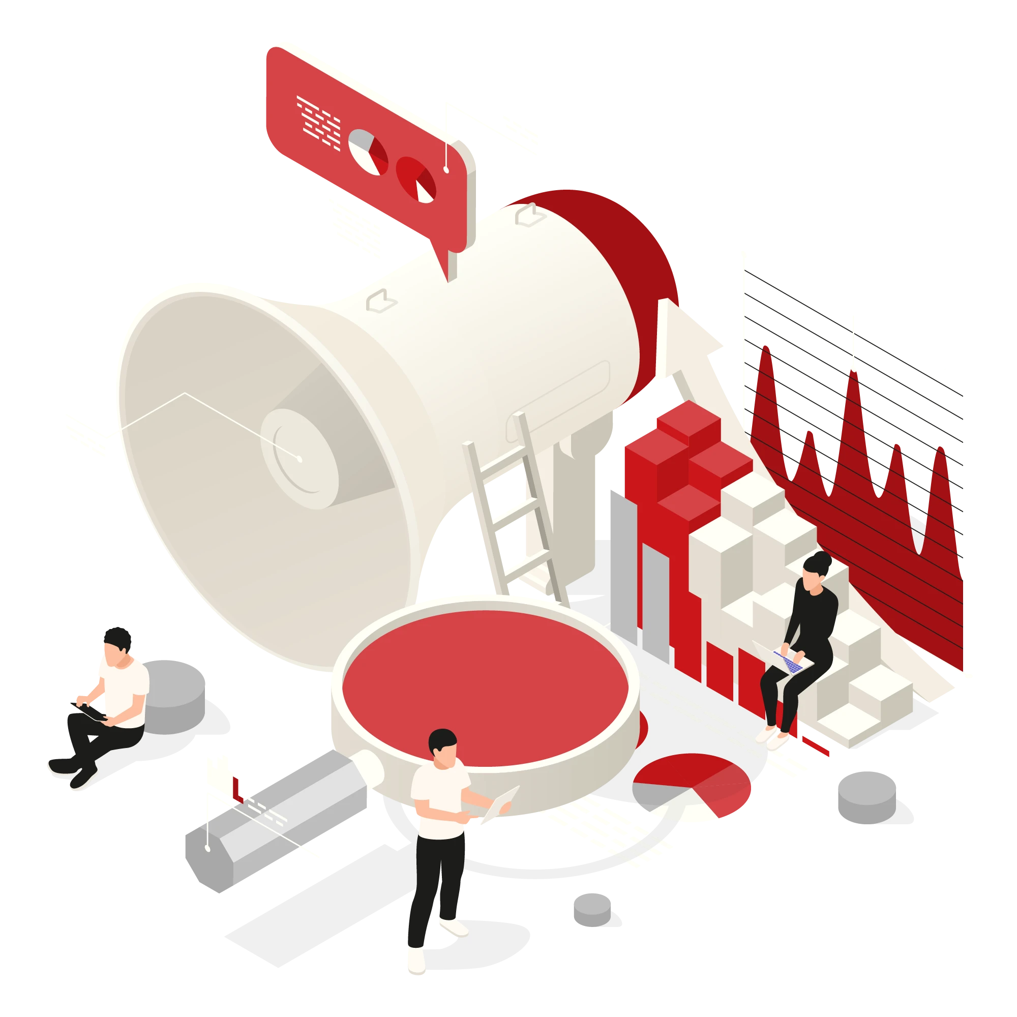 Marketing analytics with a giant megaphone and charts for campaign transcreation