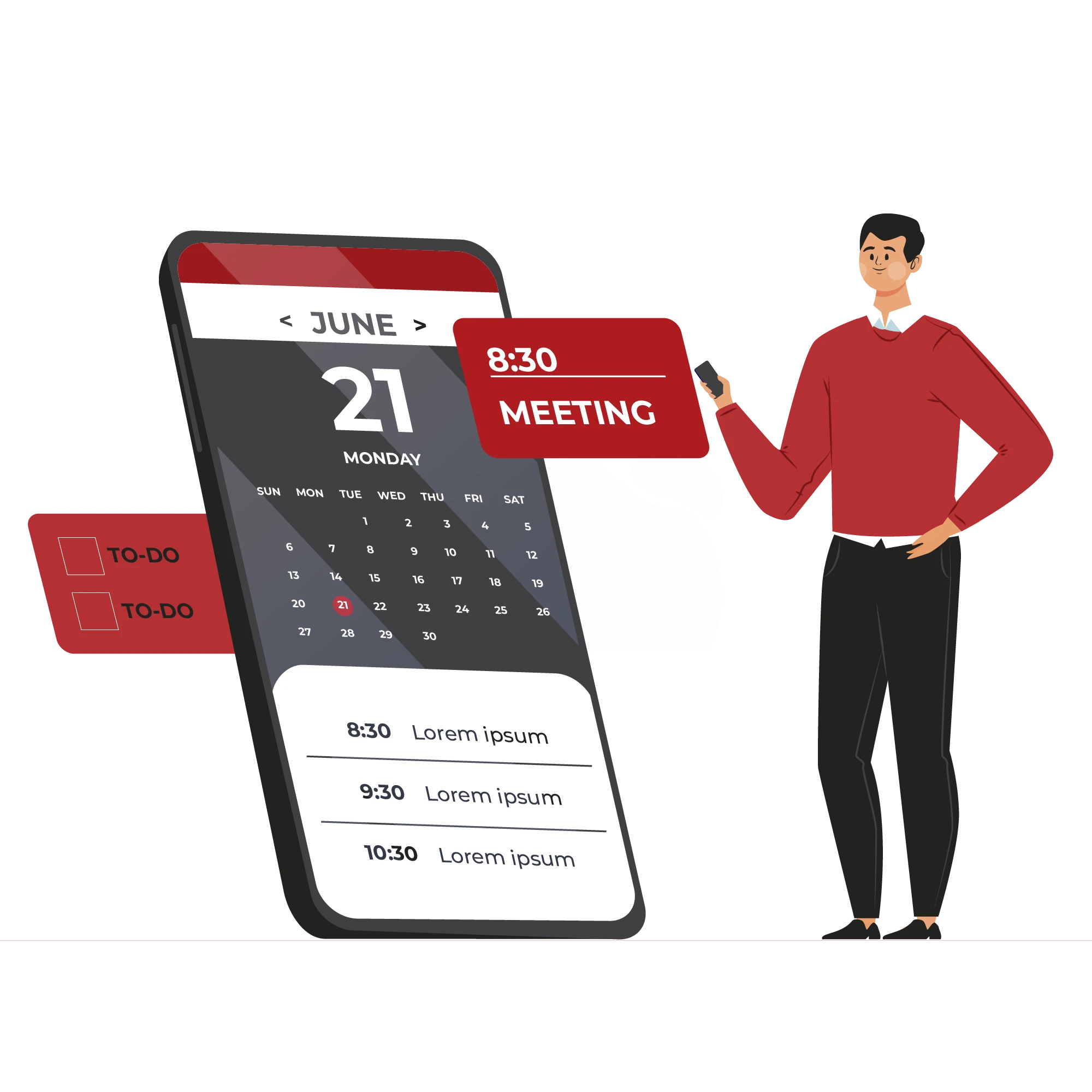 Mobile calendar with meeting and to-do list beside coordinator, highlighting on-demand translation support for launch deadlines.