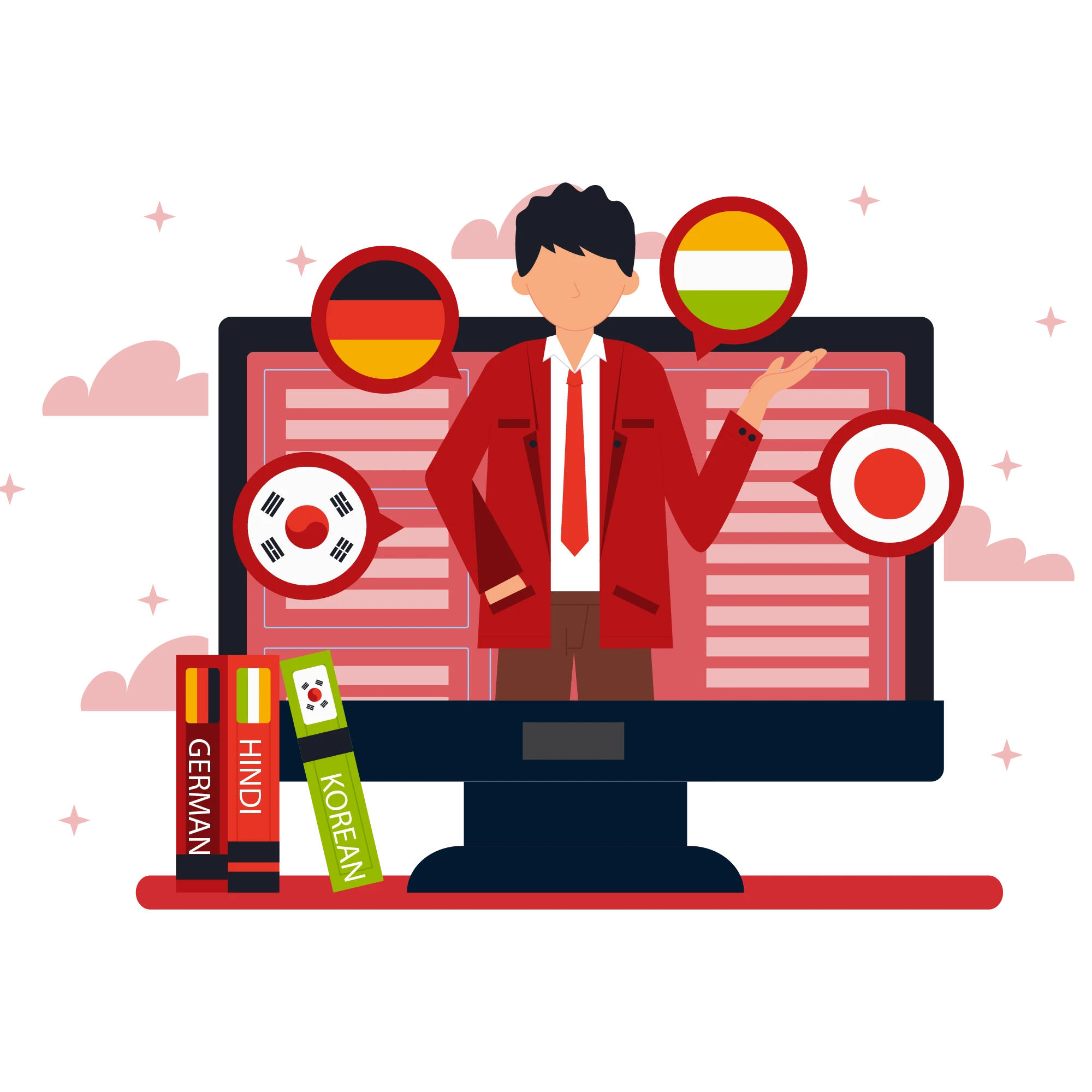 Editor at computer with German, Hindi, Korean, Japanese bubbles and dictionaries, representing publishing translation.