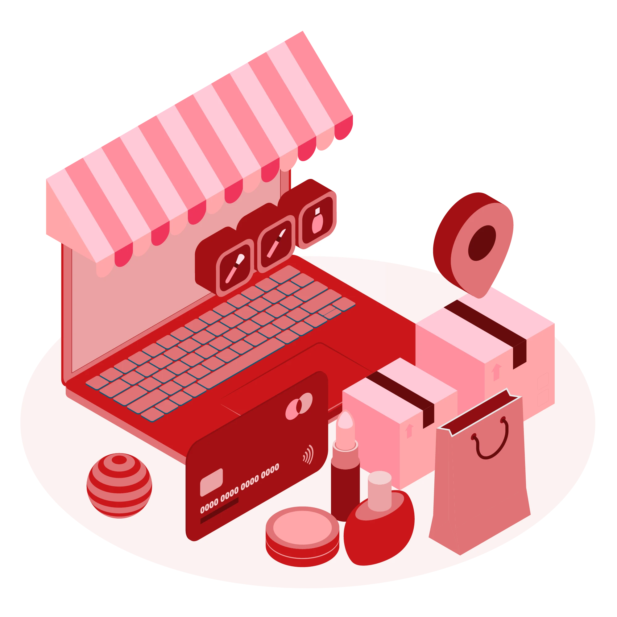 E-commerce scene with credit card, parcels, and cosmetics—localized retail promotions and events.
