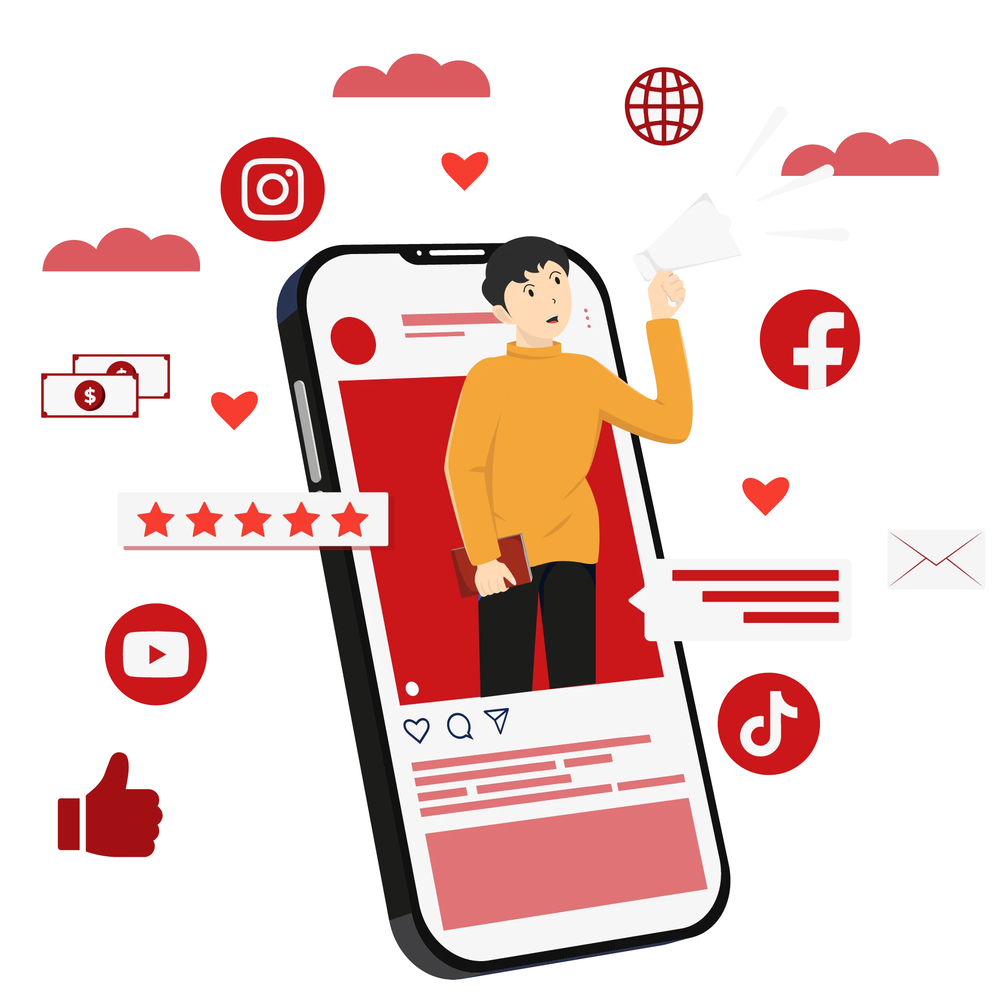 Influencer on smartphone with social icons and star reviews—social media content transcreation and engagement.