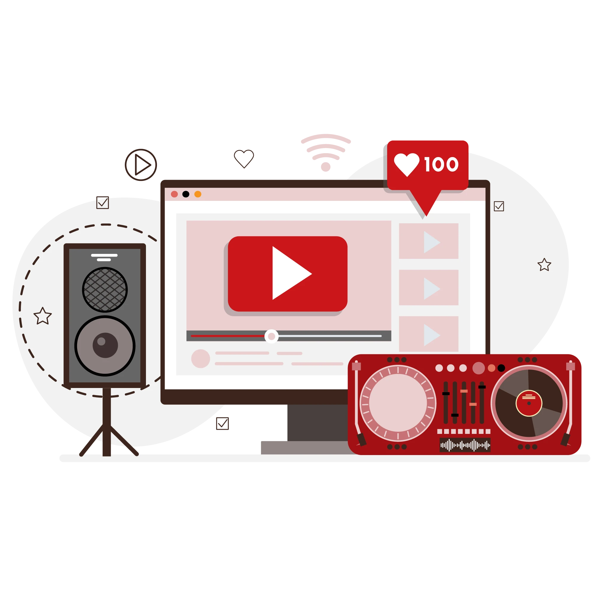 Video player with speaker and DJ mixer—multimedia localization for audio, captions, and subtitles.
