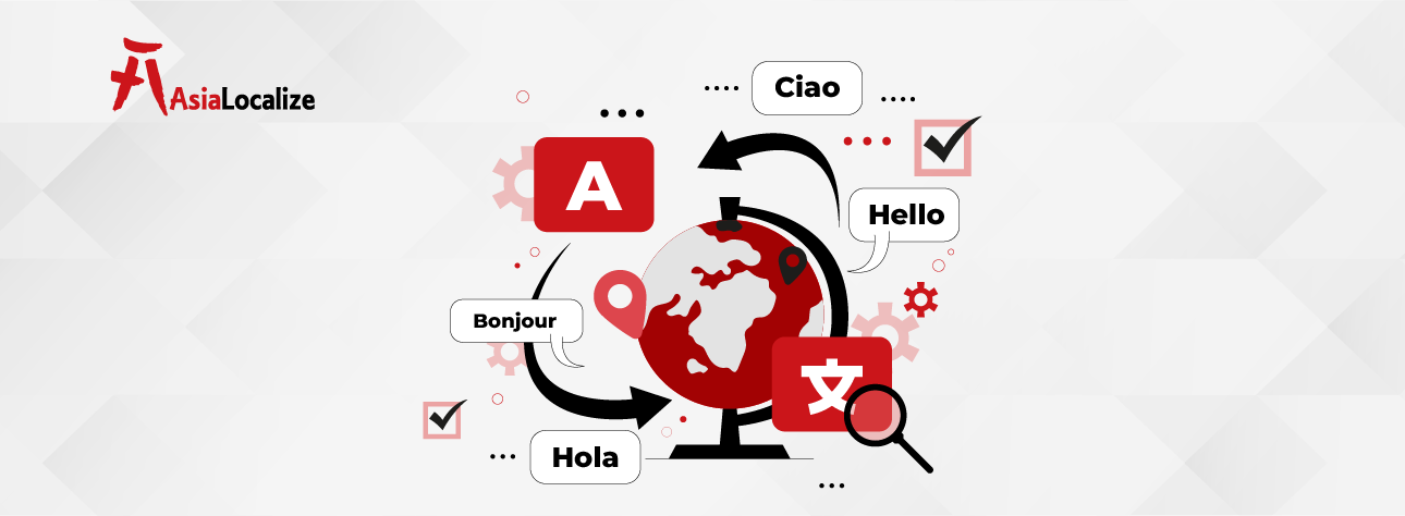 Automated translation integration for global growth with multilingual greetings, globe, and translation icons