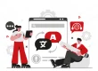 Translation and localization illustration with two people and a browser showing multilingual chat bubbles and microphone