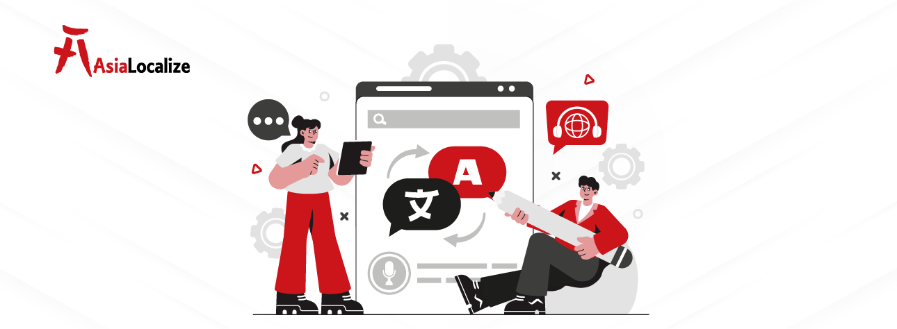 Translation and localization illustration with two people and a browser showing multilingual chat bubbles and microphone