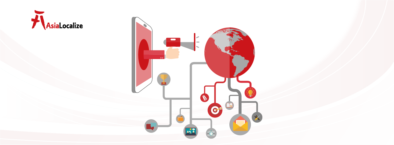 International marketing illustration with smartphone megaphone, globe, and connected icons for channels and campaigns