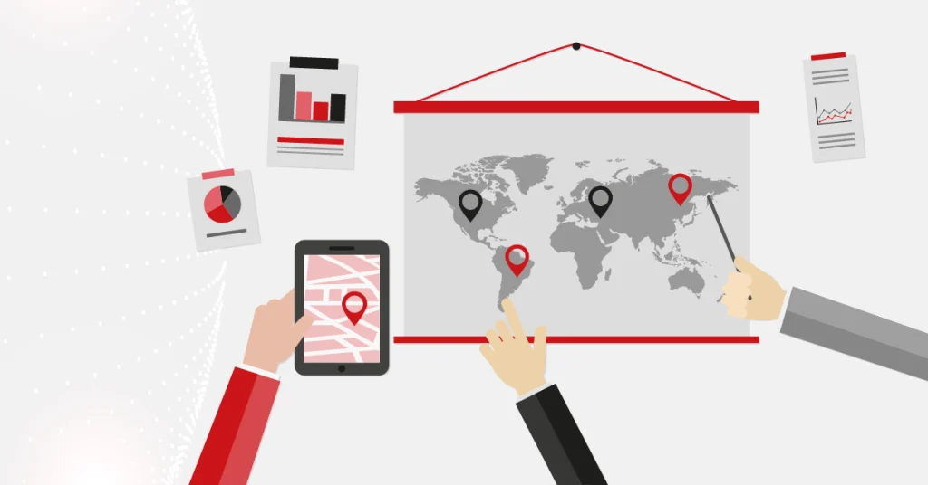 Geo-targeting domain structure concept with world map, location pins and mobile map for international SEO