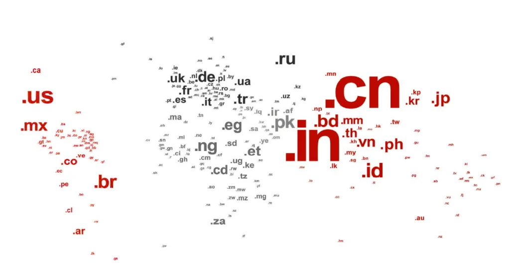 ccTLDs word cloud on world map highlighting .cn, .in, .ru and other country-code top-level domains
