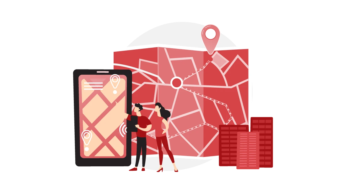 Mobile map and location pins with two people, illustrating glocalization strategy for local markets.