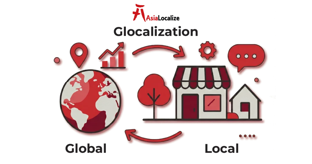 Globe and storefront with arrows, chat and gear icons, explaining glocalization from global to local.