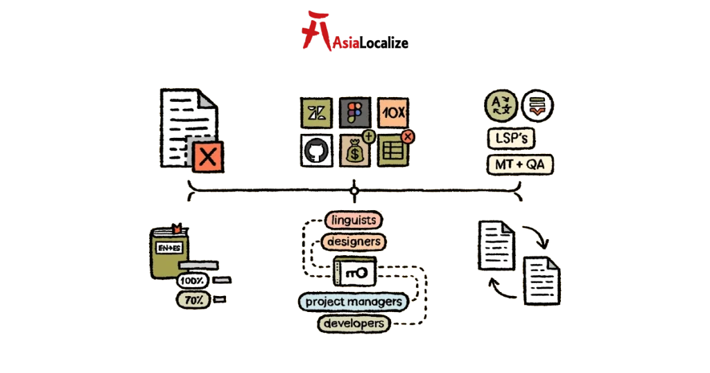 Diagram showing factors that affect localization cost: files, word count, languages, roles, and QA