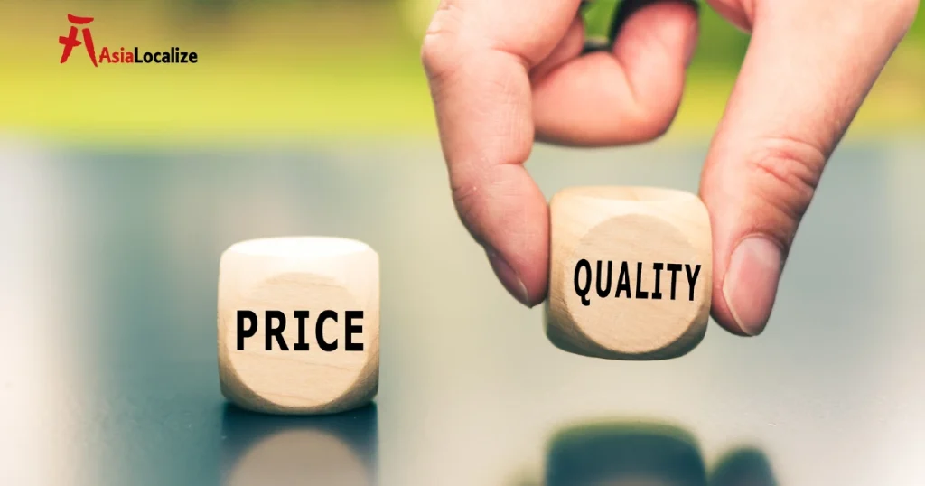 Hand choosing โQualityโ over โPrice,โ illustrating cost vs quality in localization services