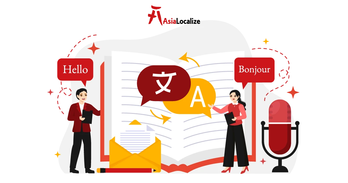 Localization and translation with open book, Hello/Bonjour bubbles, and microphone for multilingual content