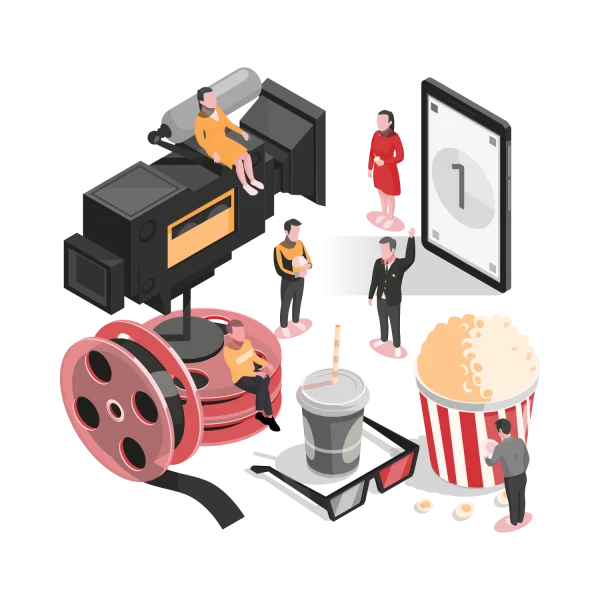 Film camera, reel, clapperboard, and popcorn showing entertainment translation services for movies and TV.