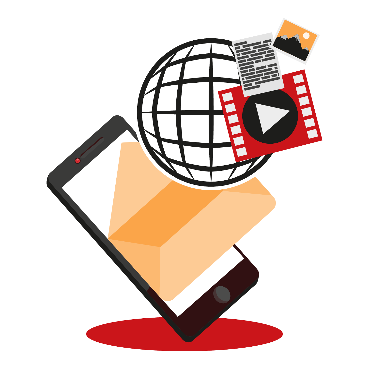 Smartphone with globe and video icon for multilingual media localization and entertainment translation.