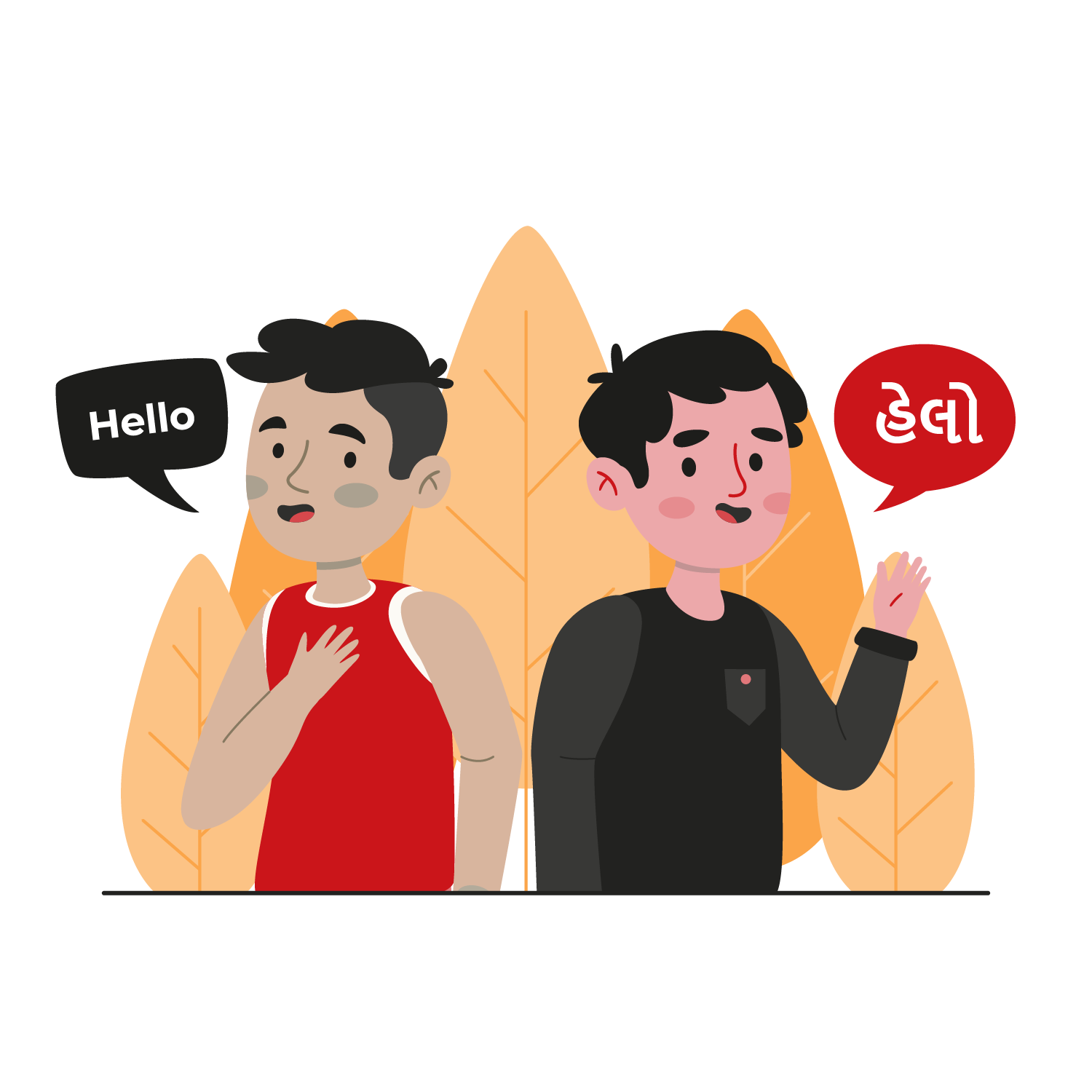 Two people greeting in English and Gujarati “હેલો,” showing natural Gujarati tone
