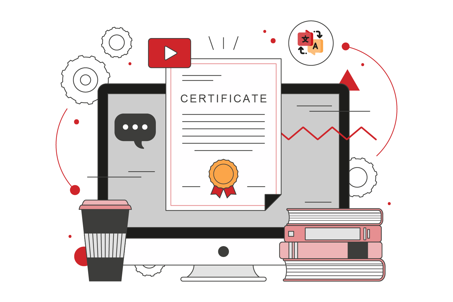 Certificate on a computer screen with books, representing certified Gujarati translations