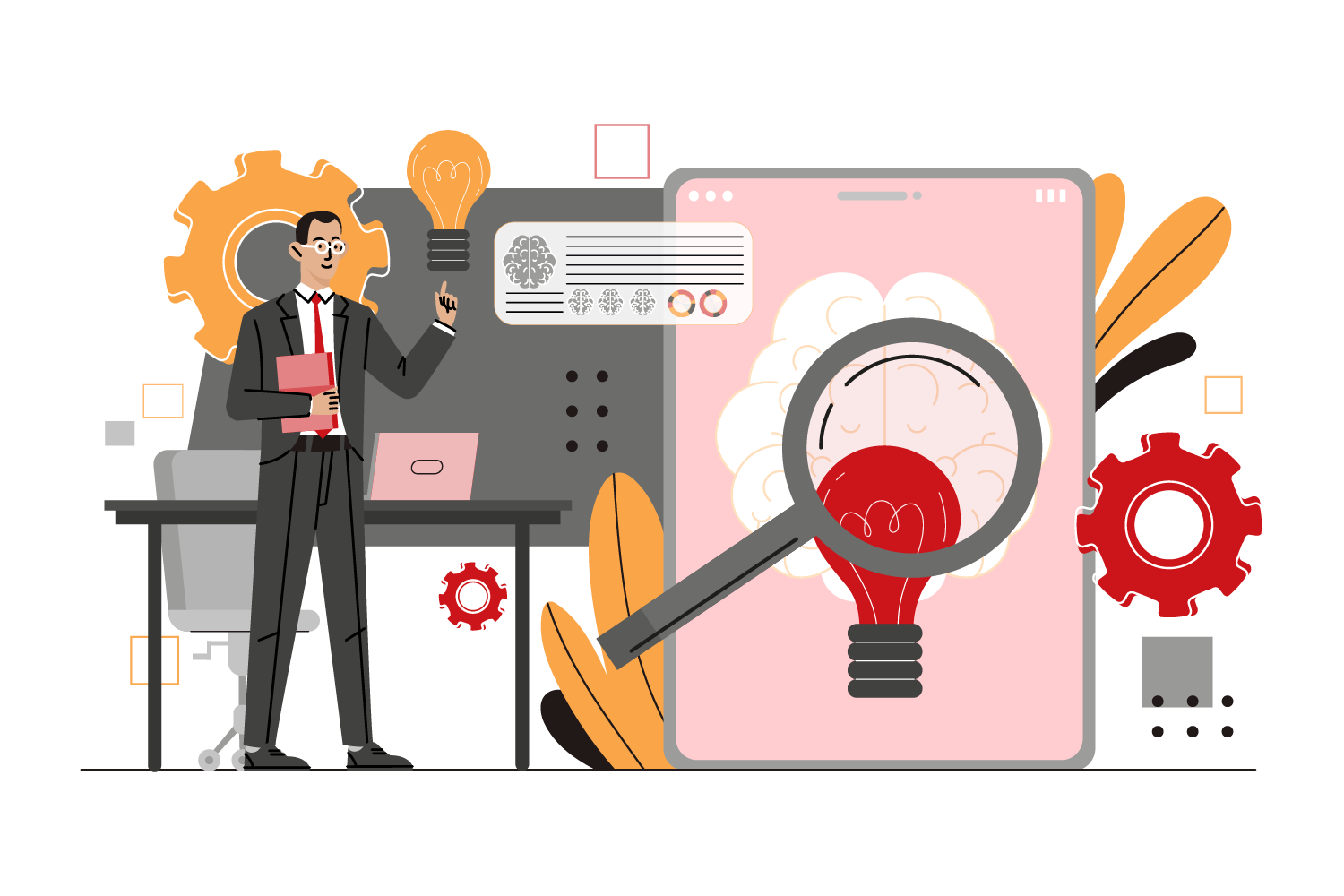 Expert reviewing content with a magnifying glass and idea icons, representing subject-matter accuracy