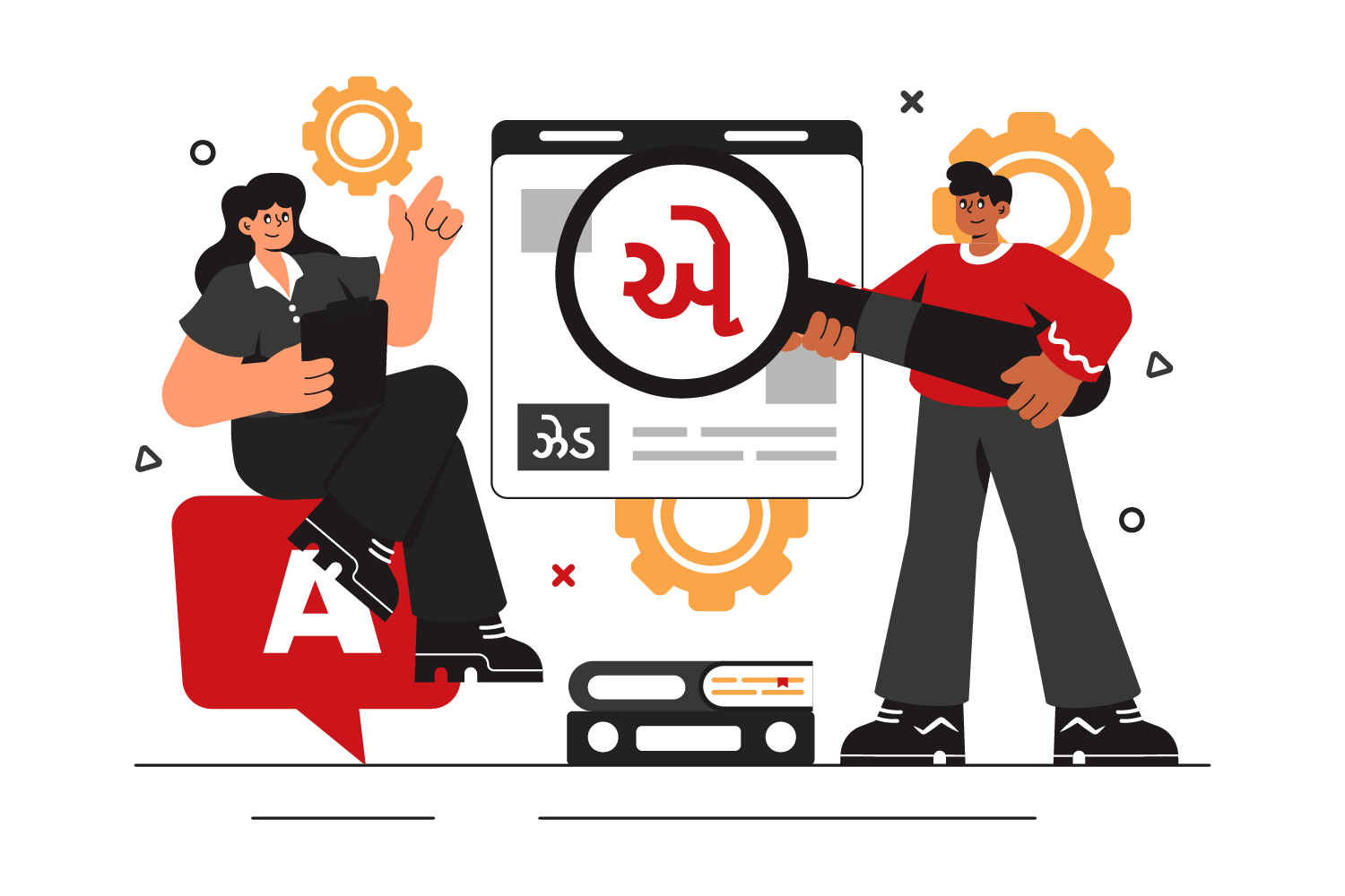 Linguists reviewing a Gujarati character with a magnifier, showing multilingual Gujarati translation workflow