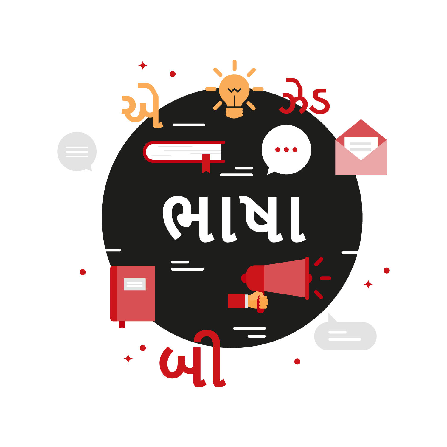 Gujarati “ભાષા” with communication icons, representing Gujarati formatting and localized messaging
