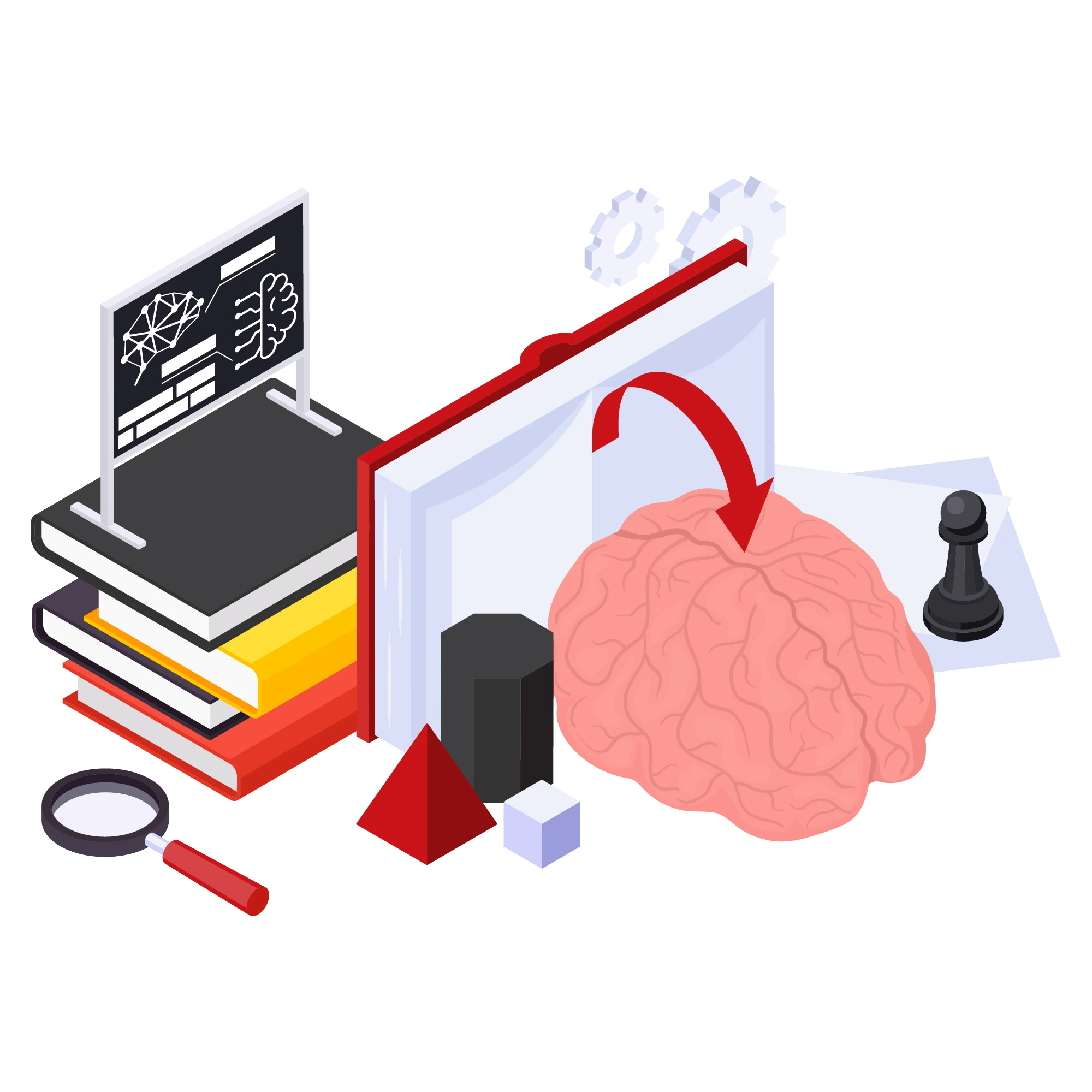 Academic minds, cultural experts illustration with books, open textbook, brain icon, and magnifying glass.