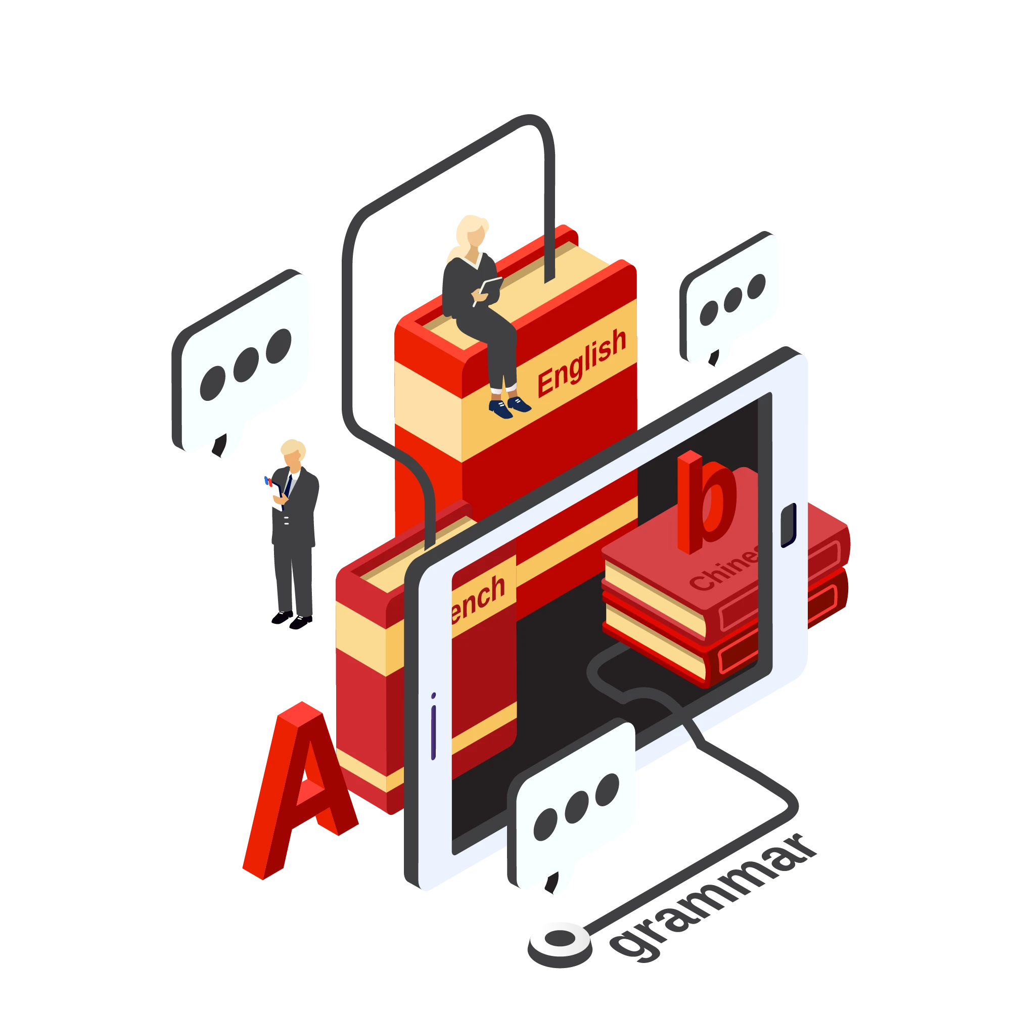 Academic translation powered by technology illustration with multilingual books, keyboard, and translation interface.