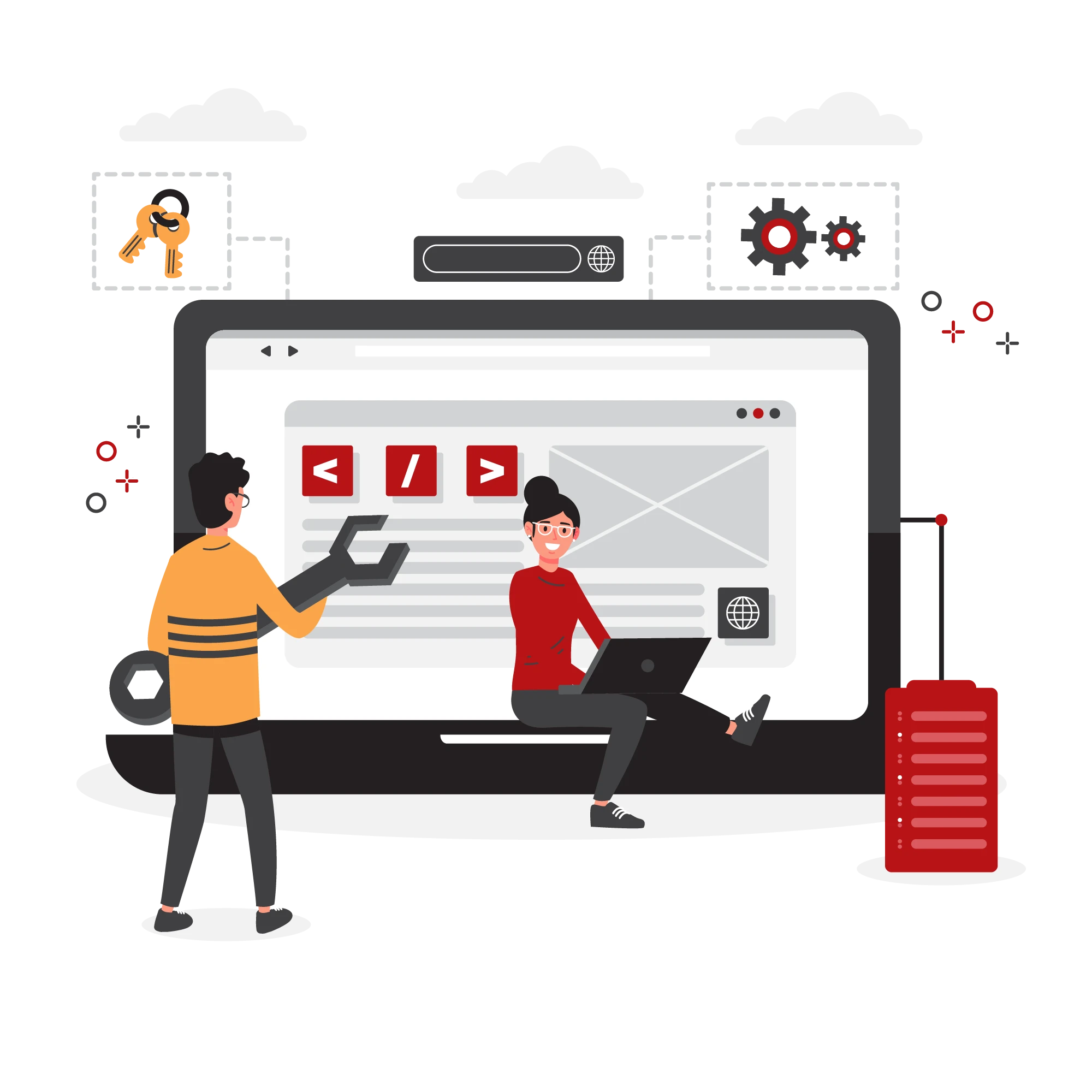 Developers updating a web interface, representing construction software localization and UI translation.
