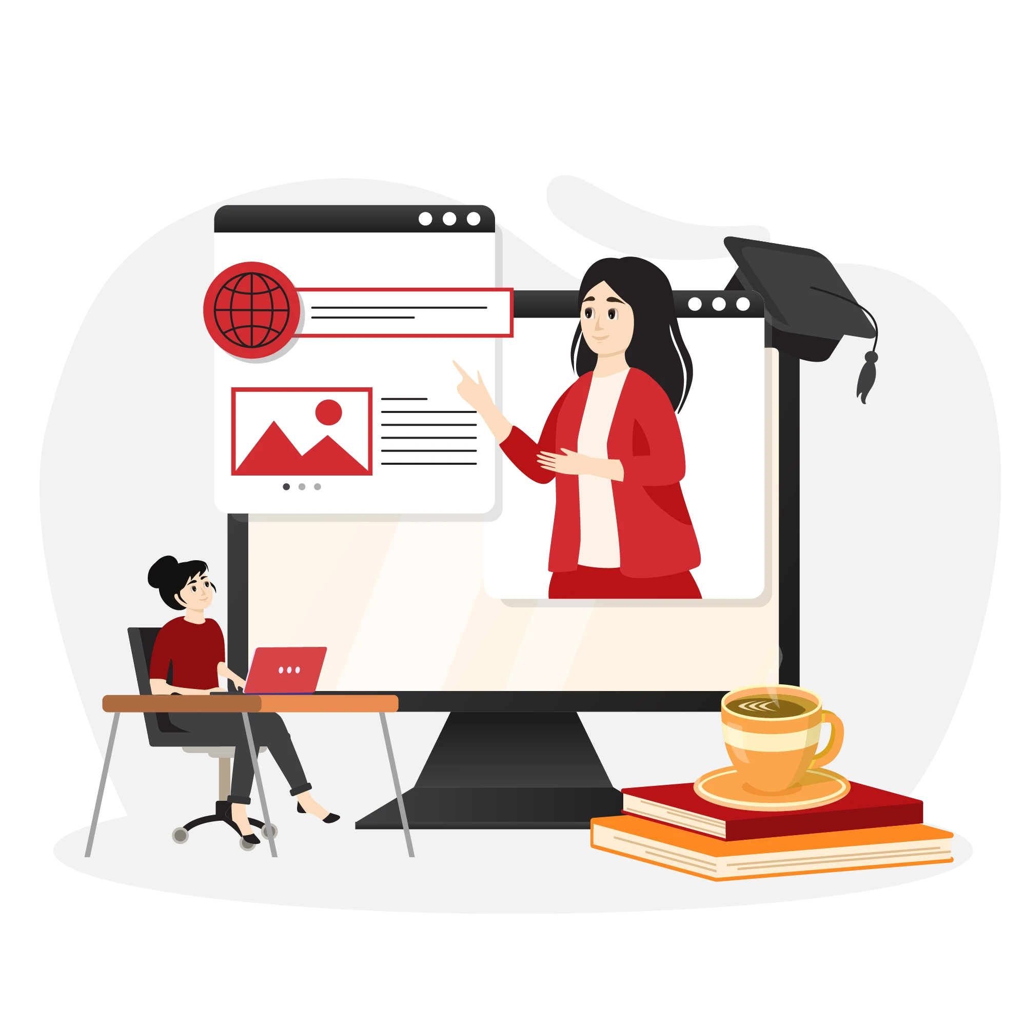 E-learning providers illustration with instructor on screen, student learning online, and course materials.