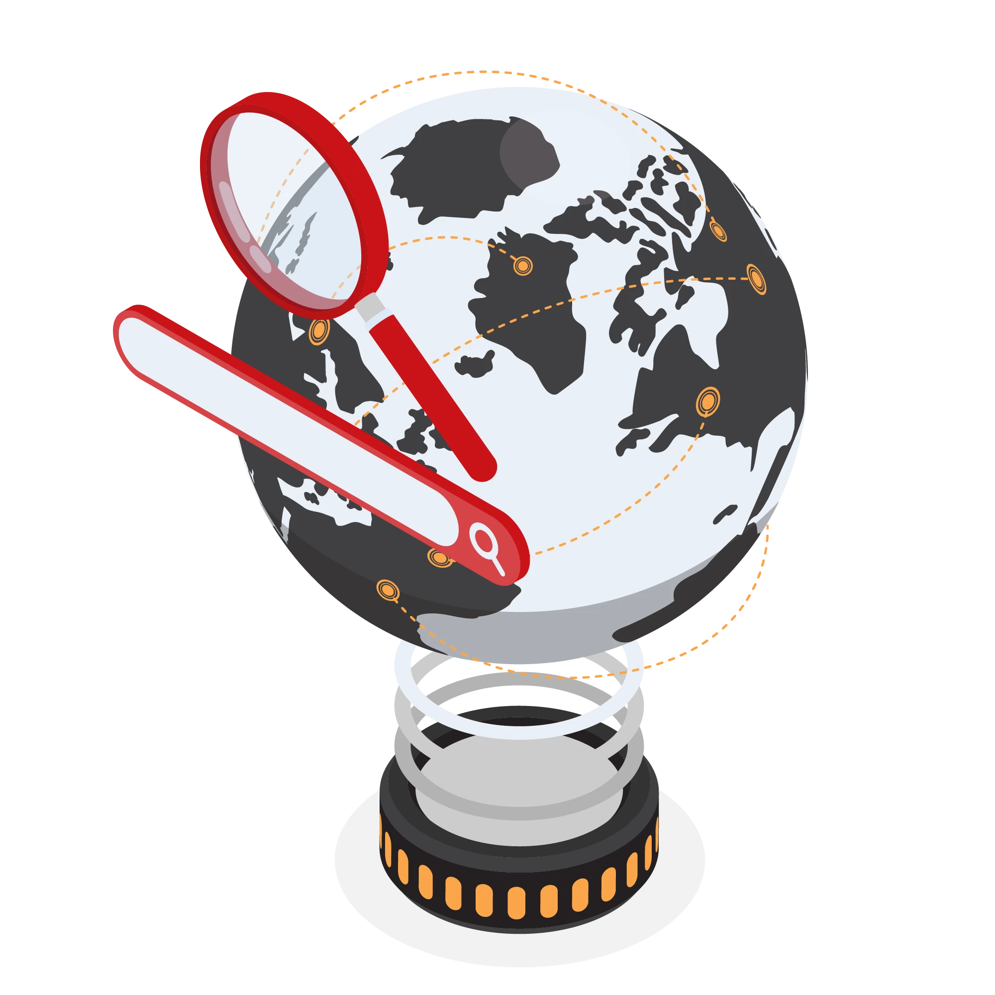 ISO-certified accuracy illustration showing a globe and magnifying glass for quality and verified translations.