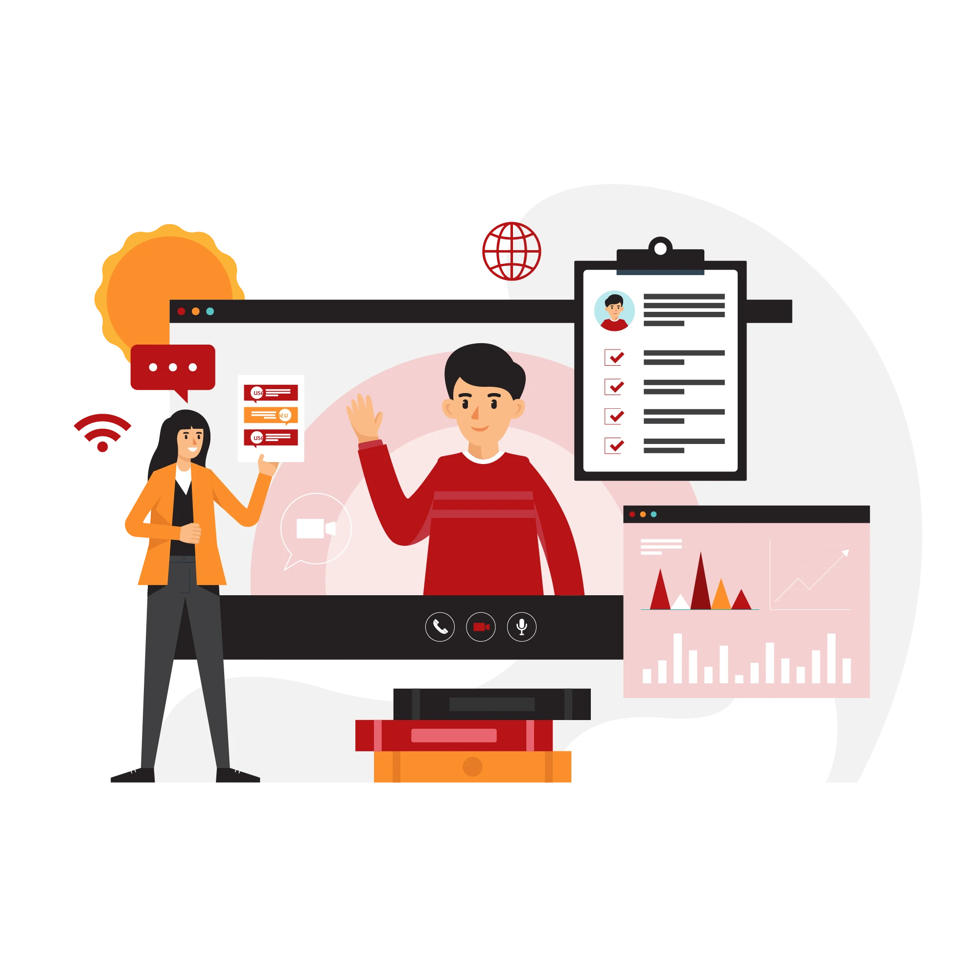 Individual researchers and students in an online session with checklist, charts, and video call interface.