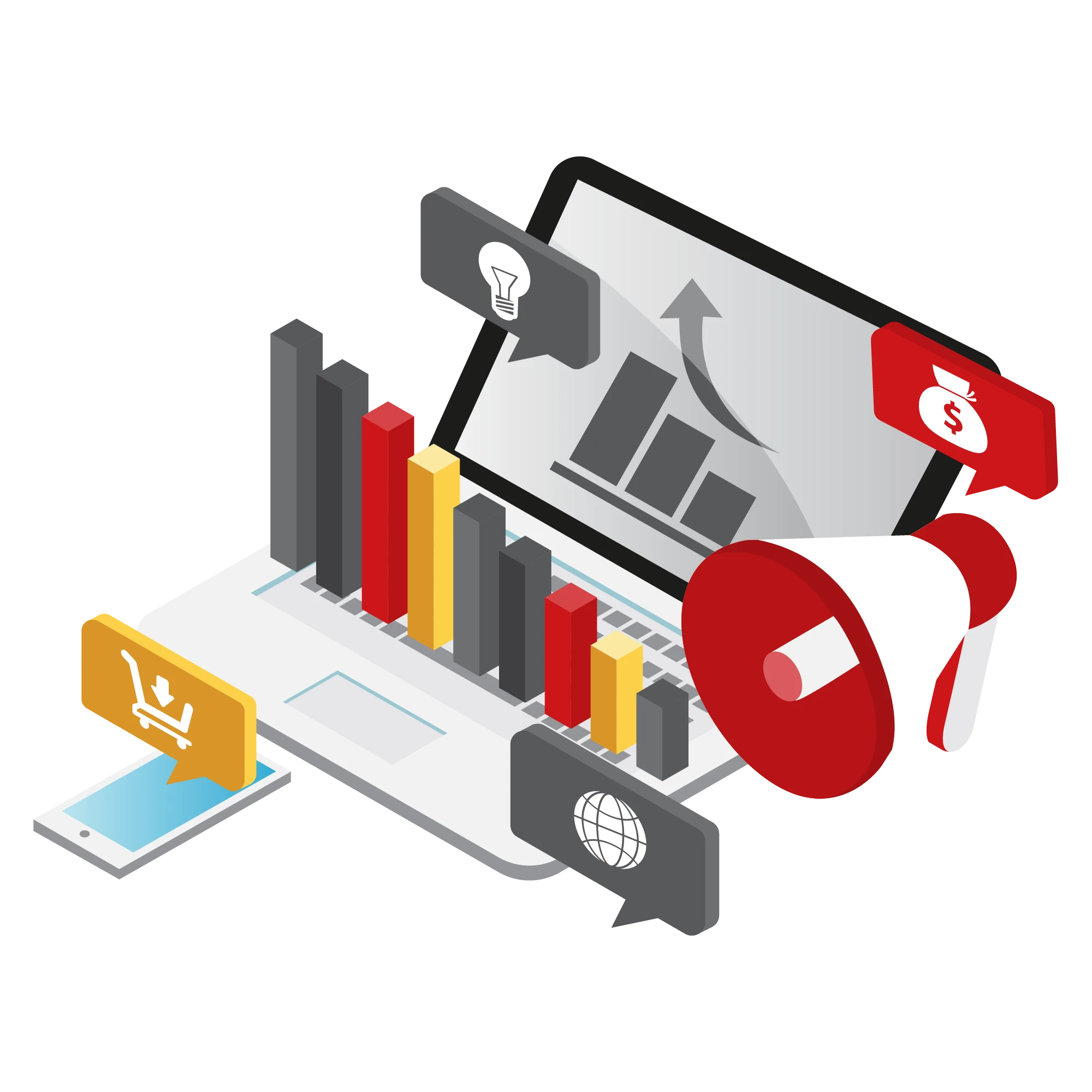 Megaphone and charts on a laptop, representing localized construction marketing and training materials.