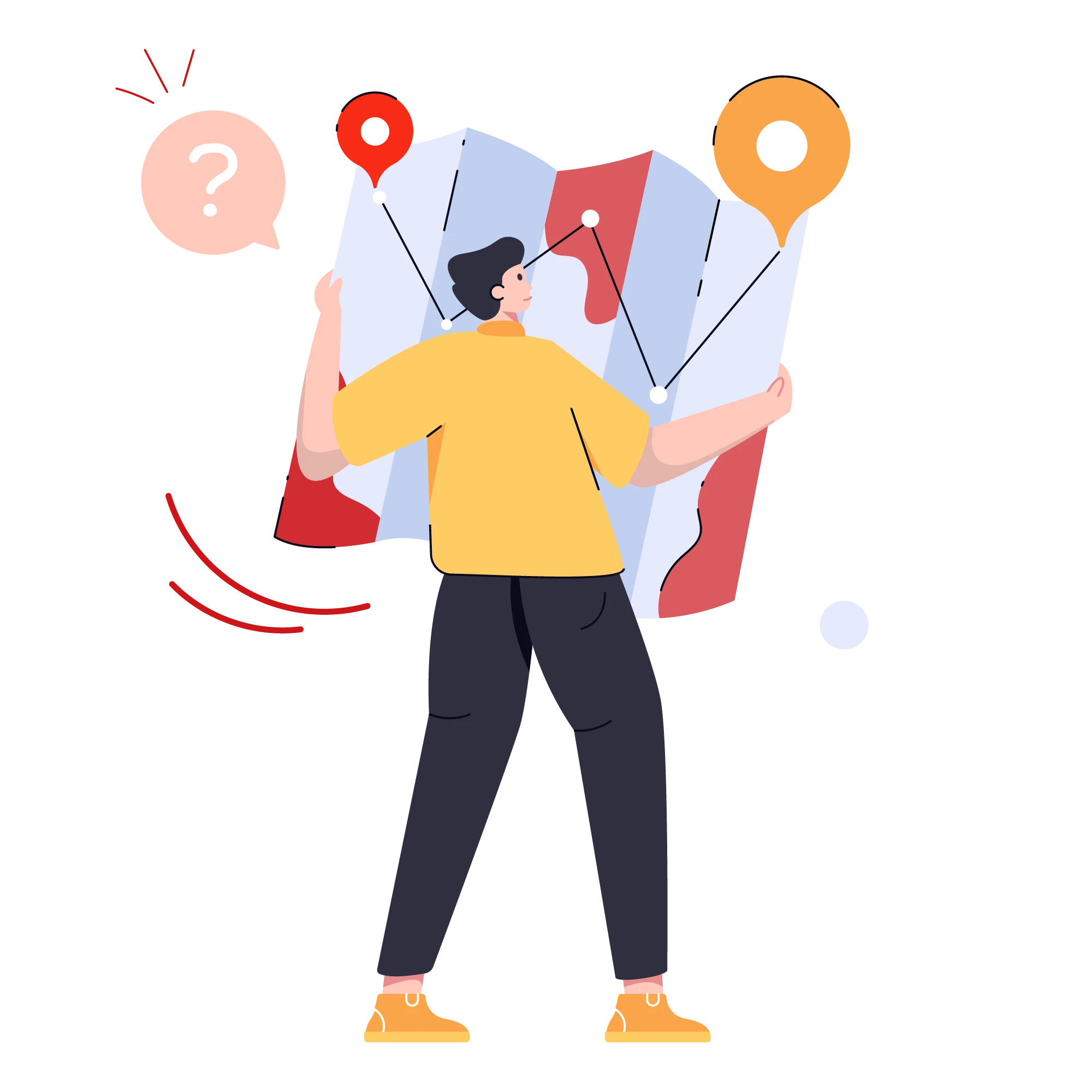 Project roadmap with map pins, representing a step-by-step construction translation process and timeline.