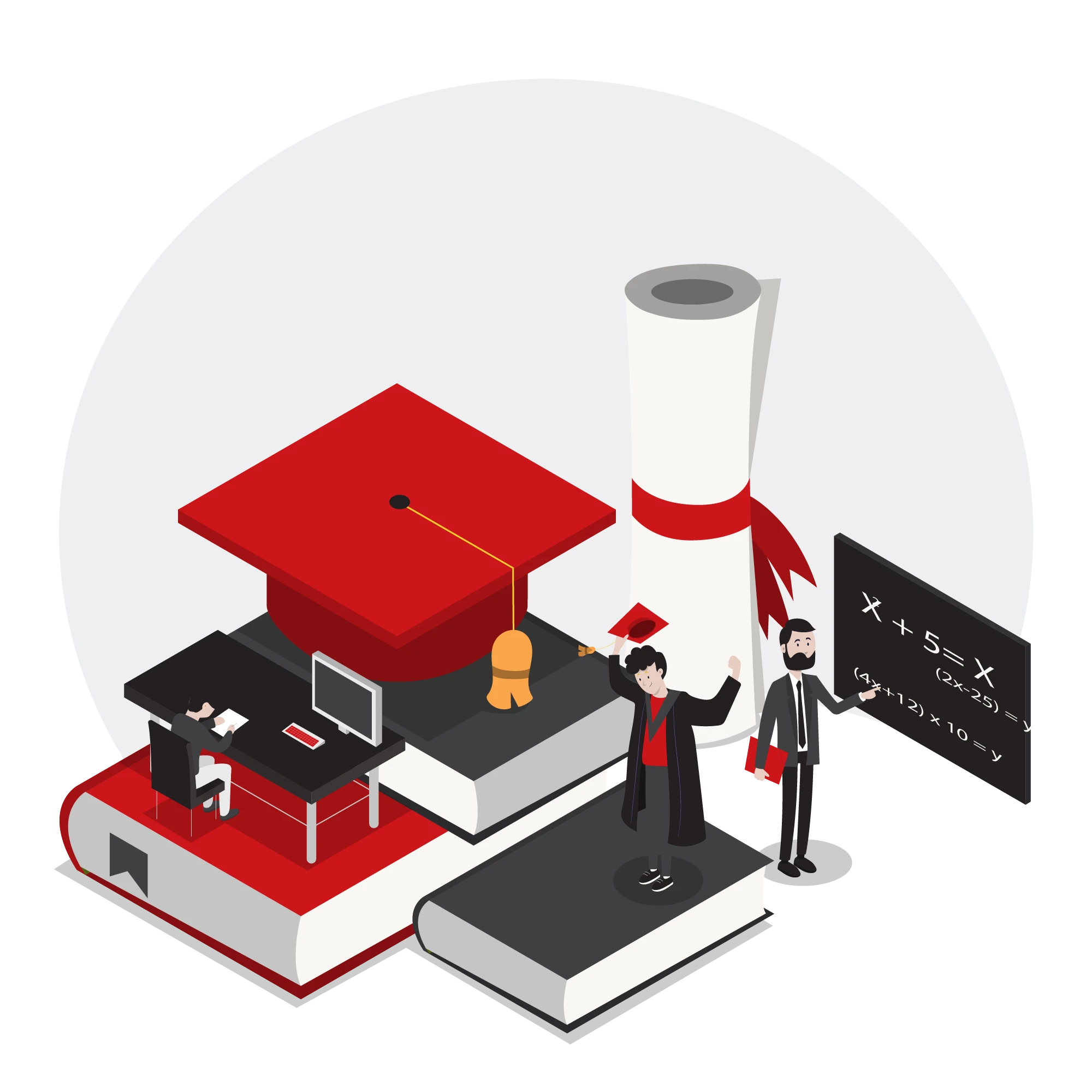 Universities and research institutions illustration with graduation cap, diploma, books, and professor teaching.