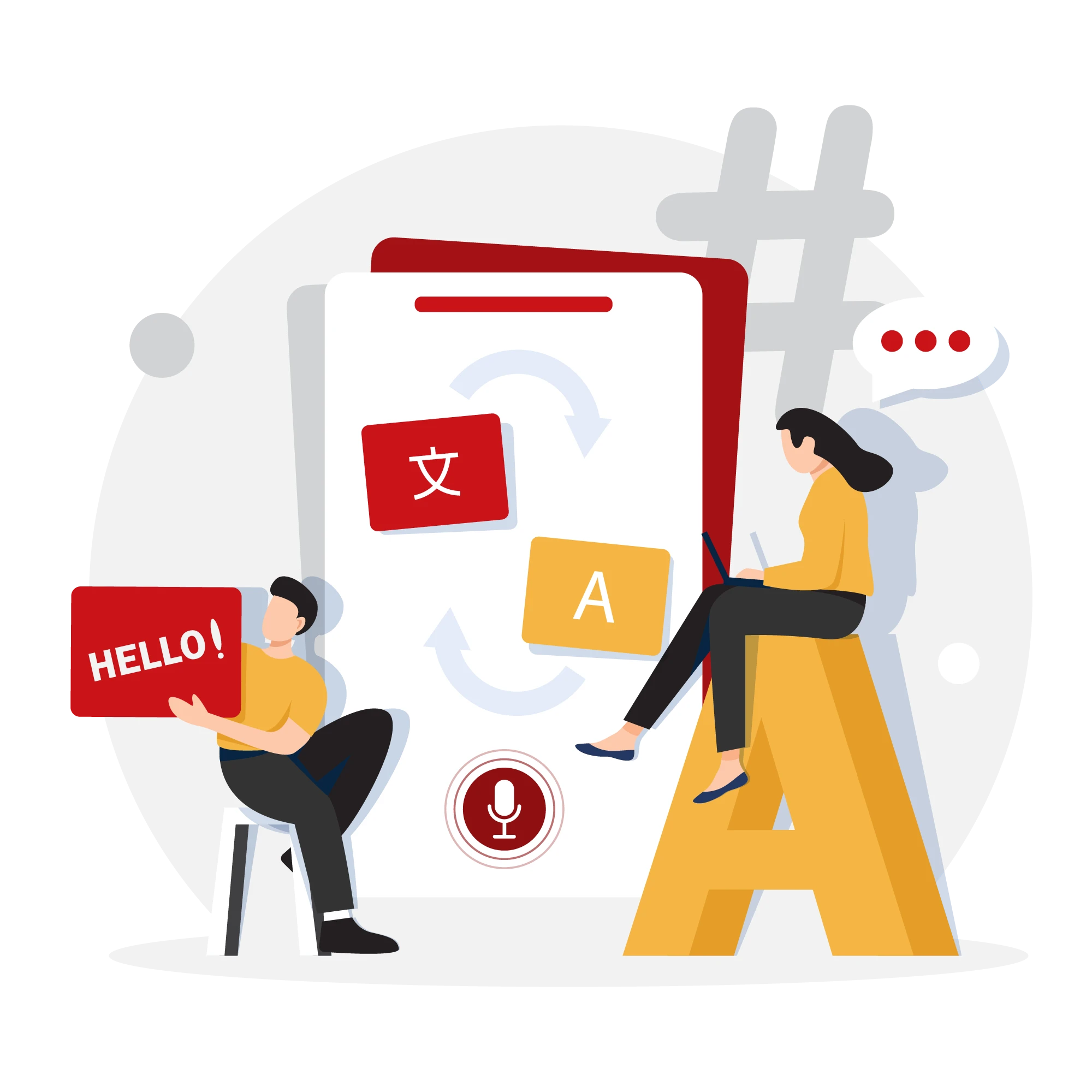 Your research, their language—illustration of language translation app with people and speech bubbles.