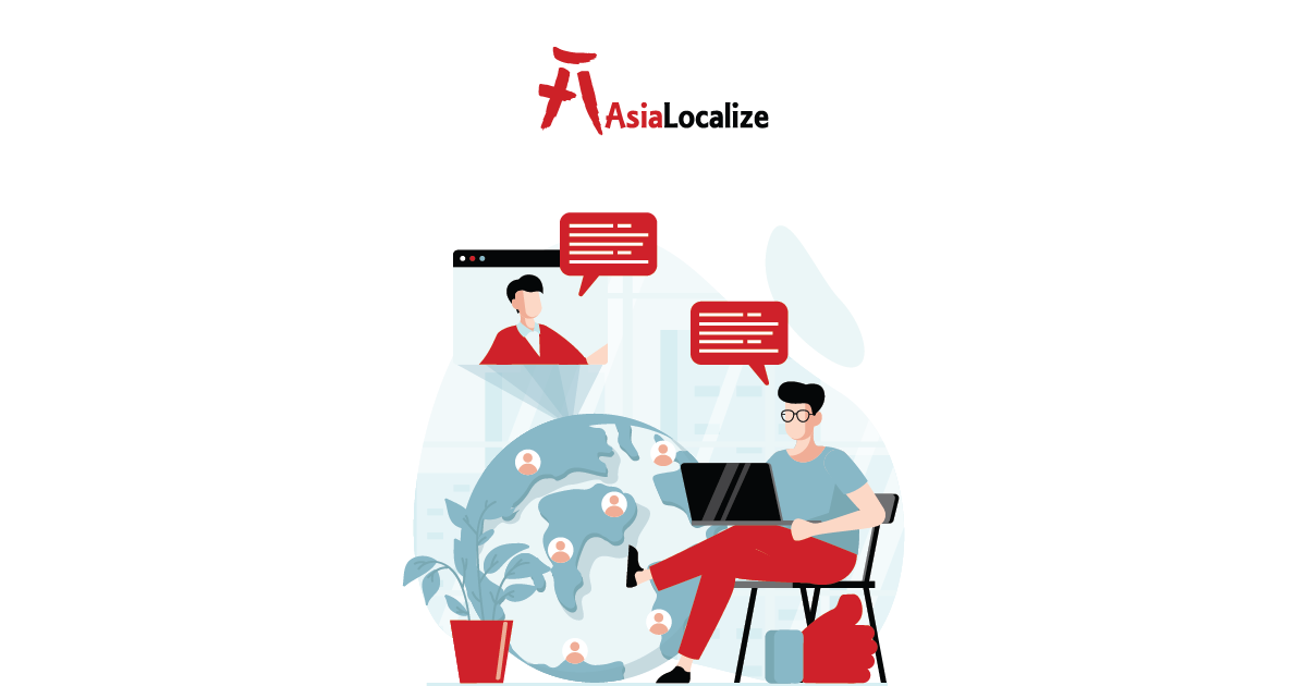 Illustration of a global translation team collaborating online with chat messages and a laptop.