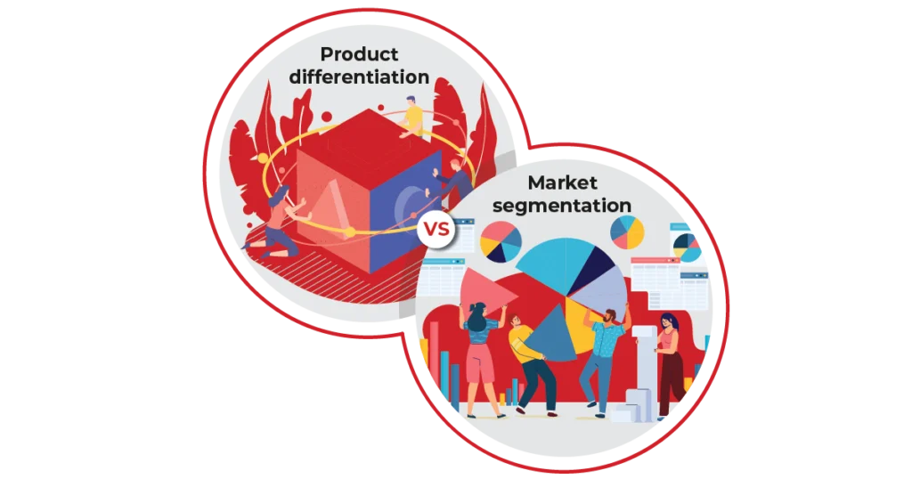 Product differentiation vs market segmentation - visual comparison of two core market differentiation strategies
